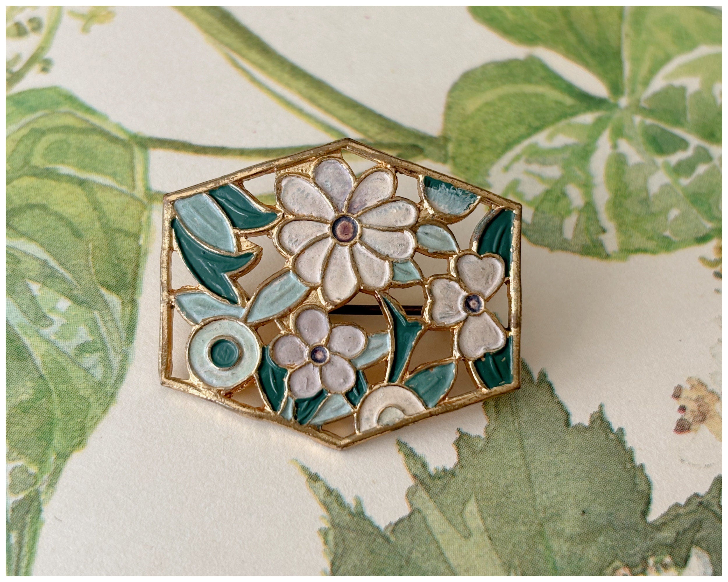 Vintage Enamel Green and Green Floral Brooch Gold Toned