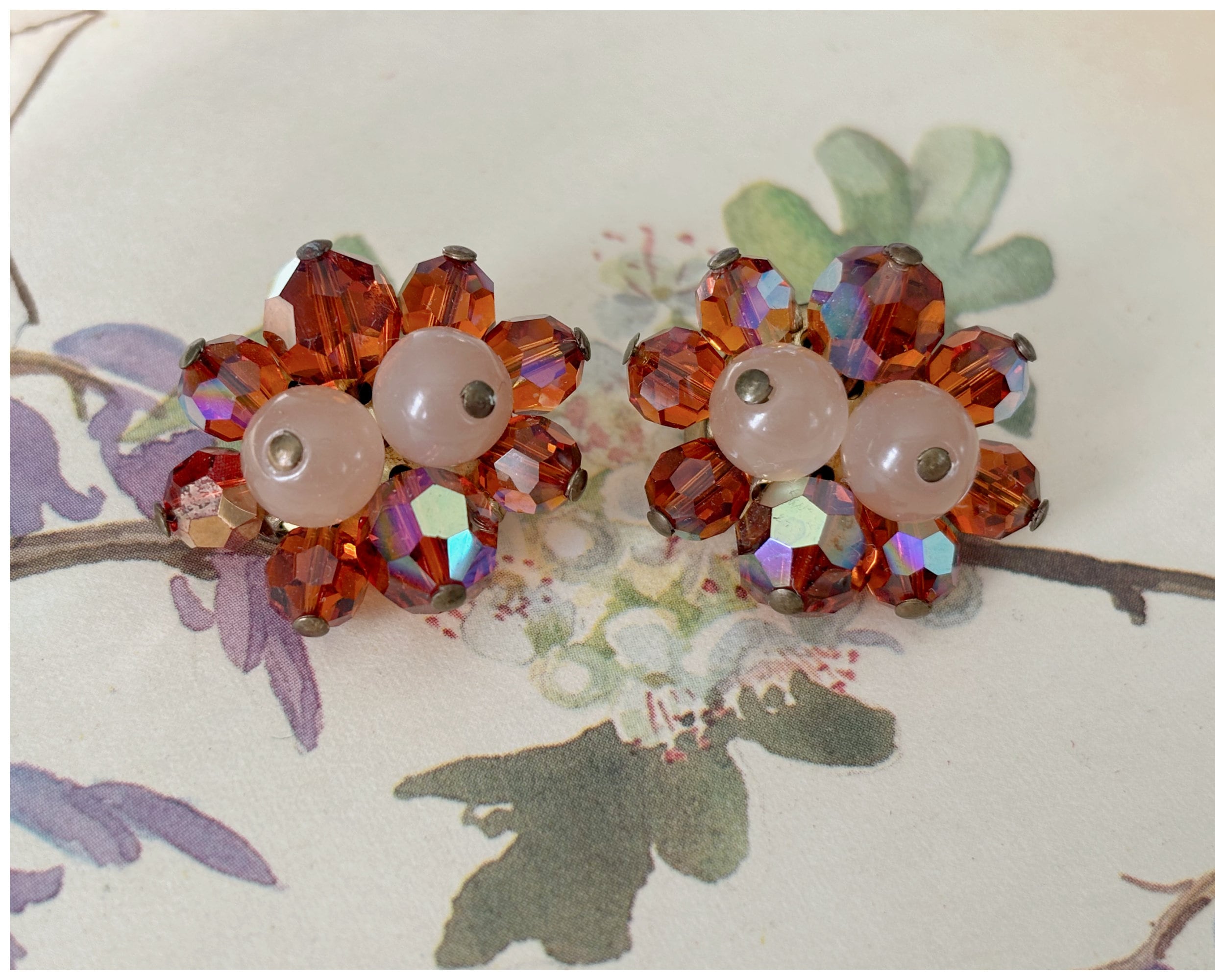Vintage Glass Bead Cluster Clip On Earrings Orange