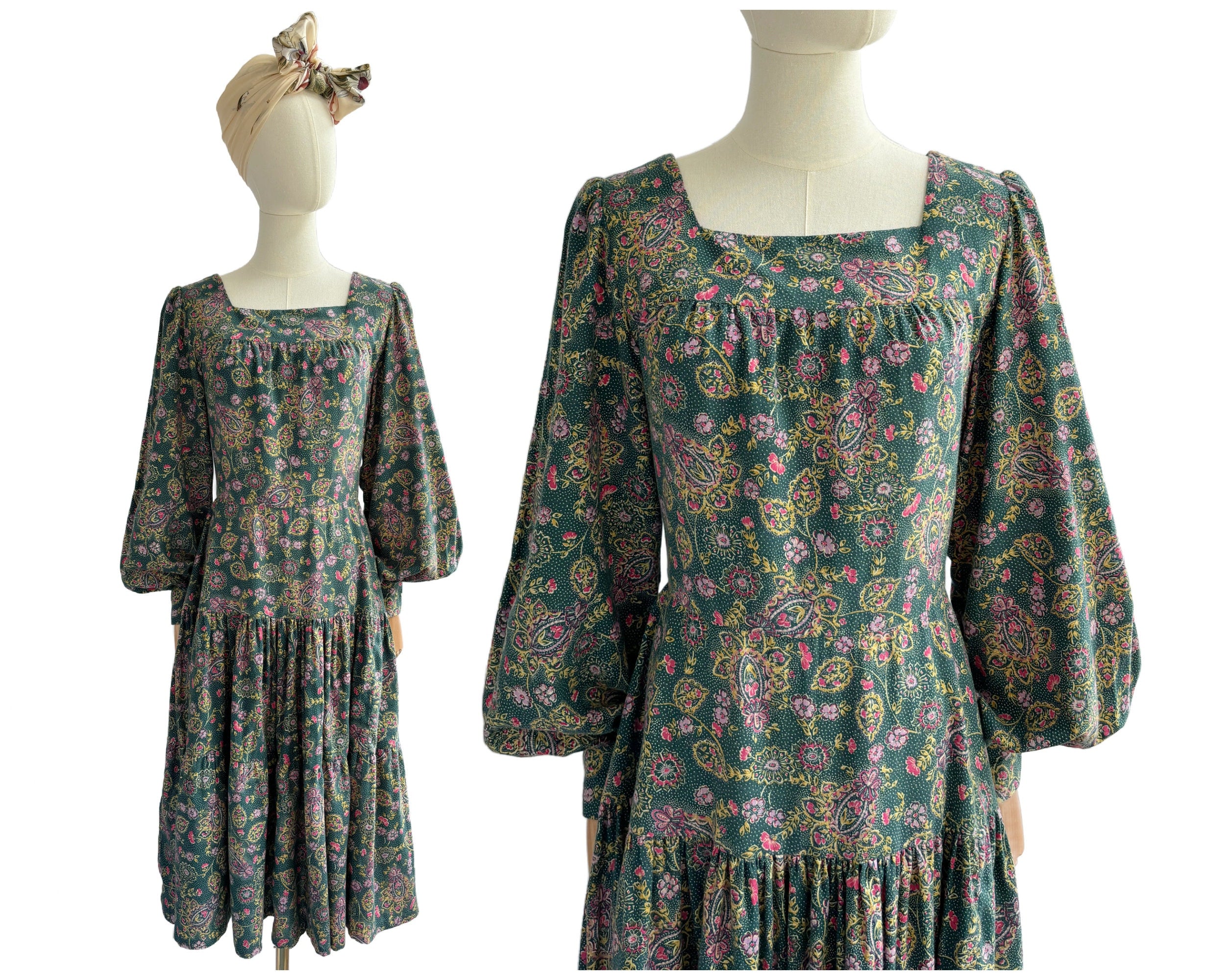 Vintage Wool Blend Green and Pink Floral Dress with Full Tiered Skirt | UK Size 10-12