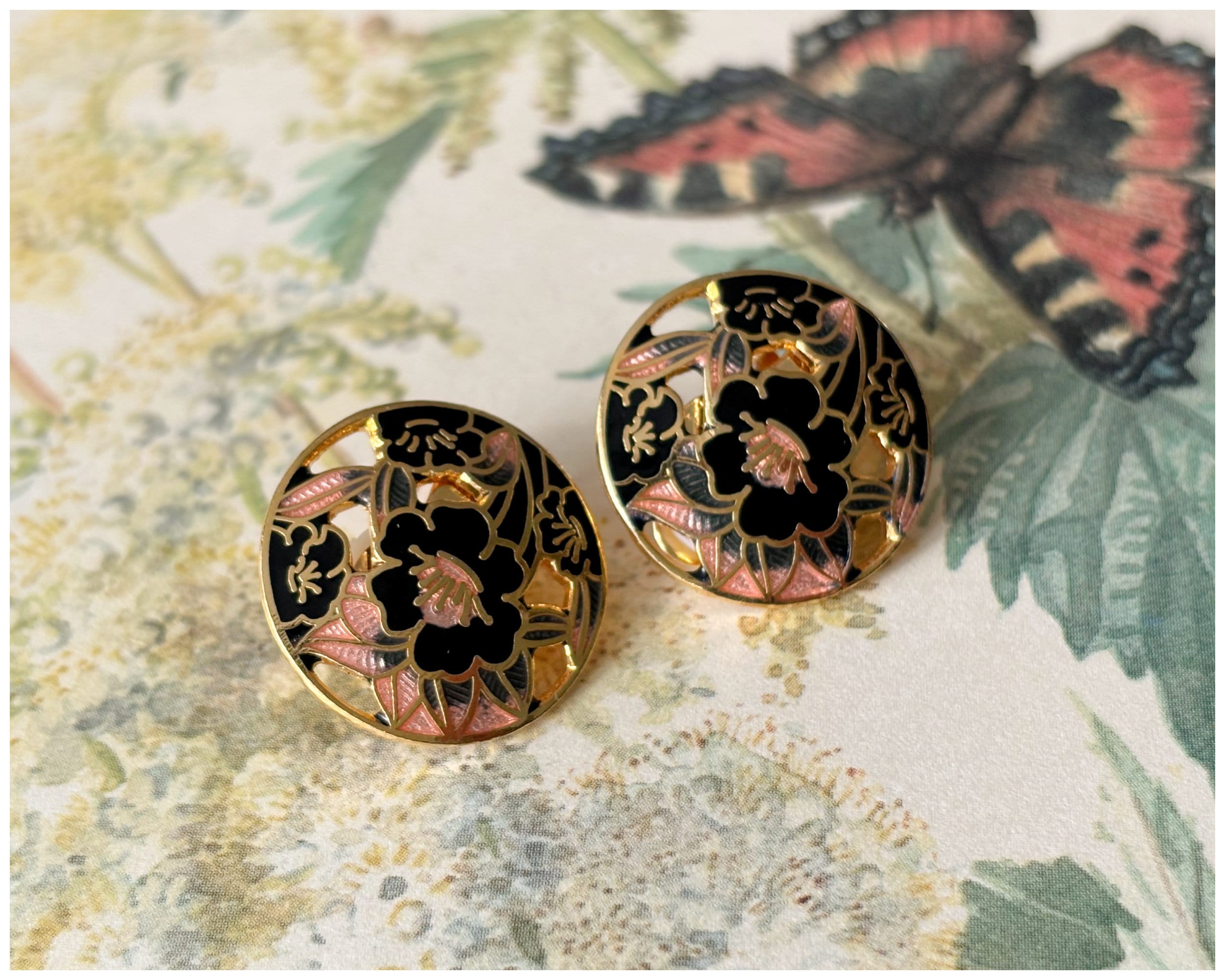 Vintage Cloisonné Enamel Pink and Black Floral Clip On Earrings
