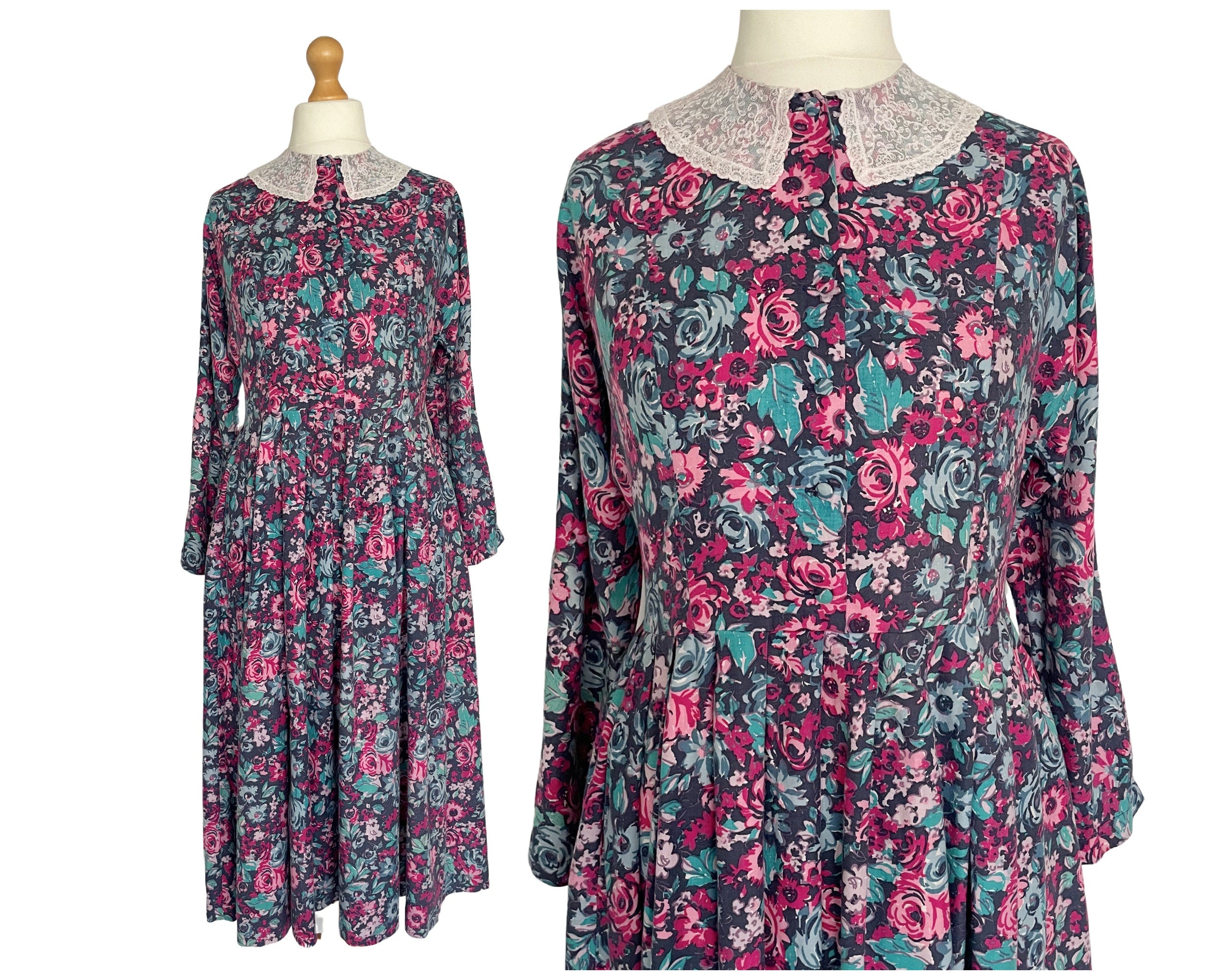 Vintage Laura Ashley Brushed Cotton Floral Rose Print Shirtwaist Dress with Long Sleeves and White L