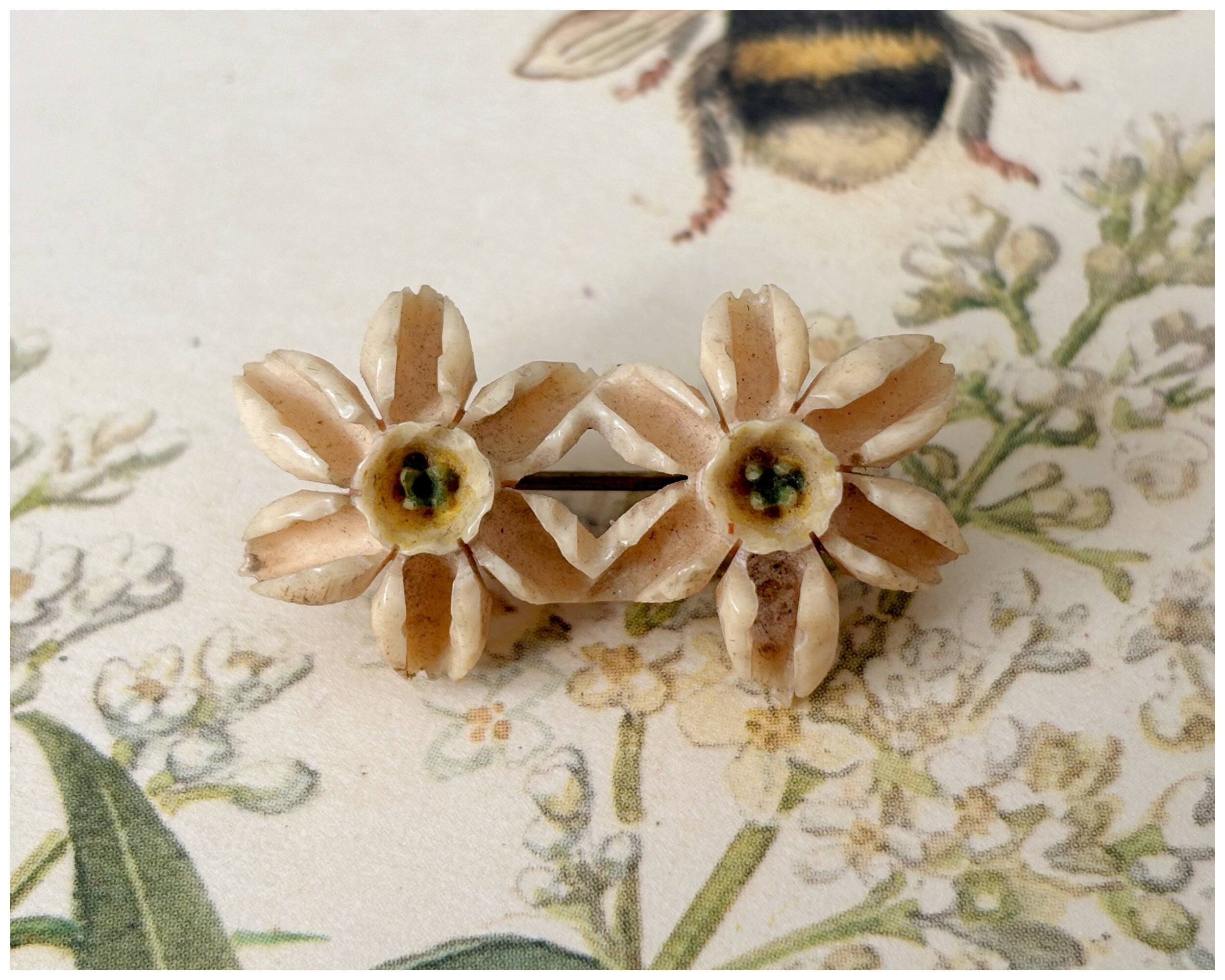 Vintage Carved Bovine Bone Alpine Edelweiss Wild Flower Brooch Pair