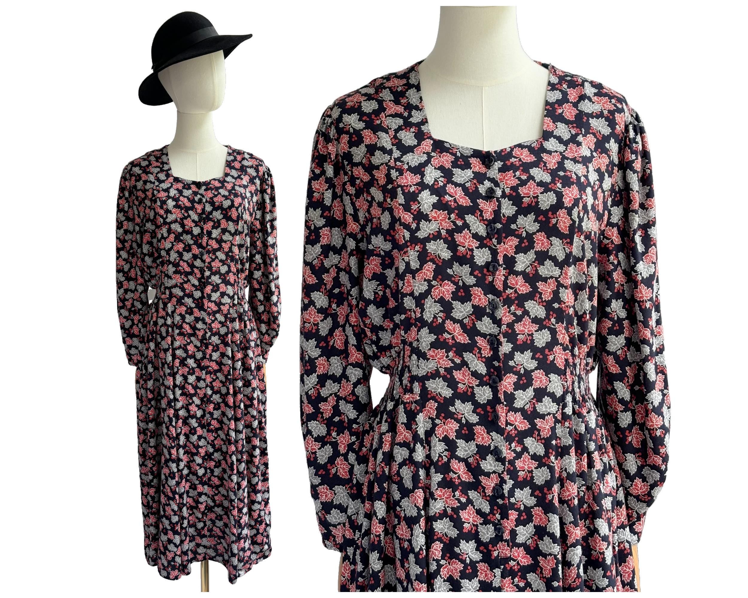 Vintage 90s Viscose Dress with Red and Grey Autumn leaf and Berry Print by BHS | Uk Size 14