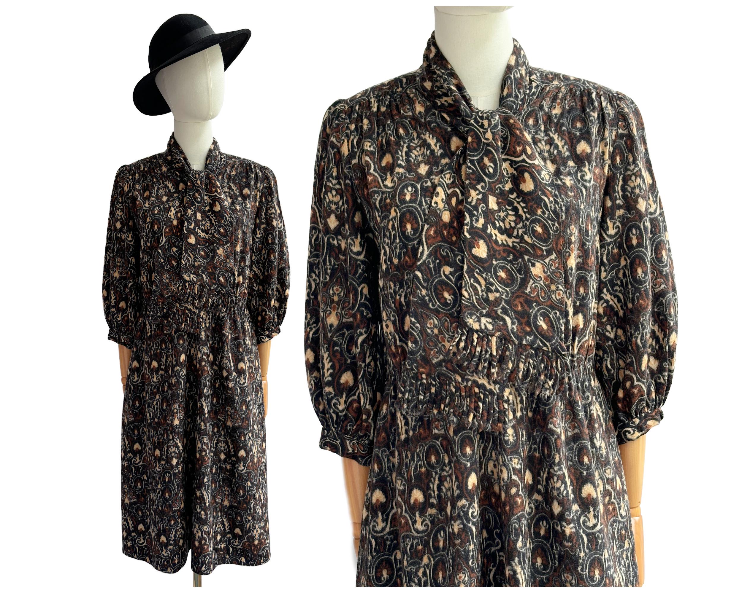 Vintage Wool Blend Autumn Winter Dress Brown Black Beige | UK Size 12-14