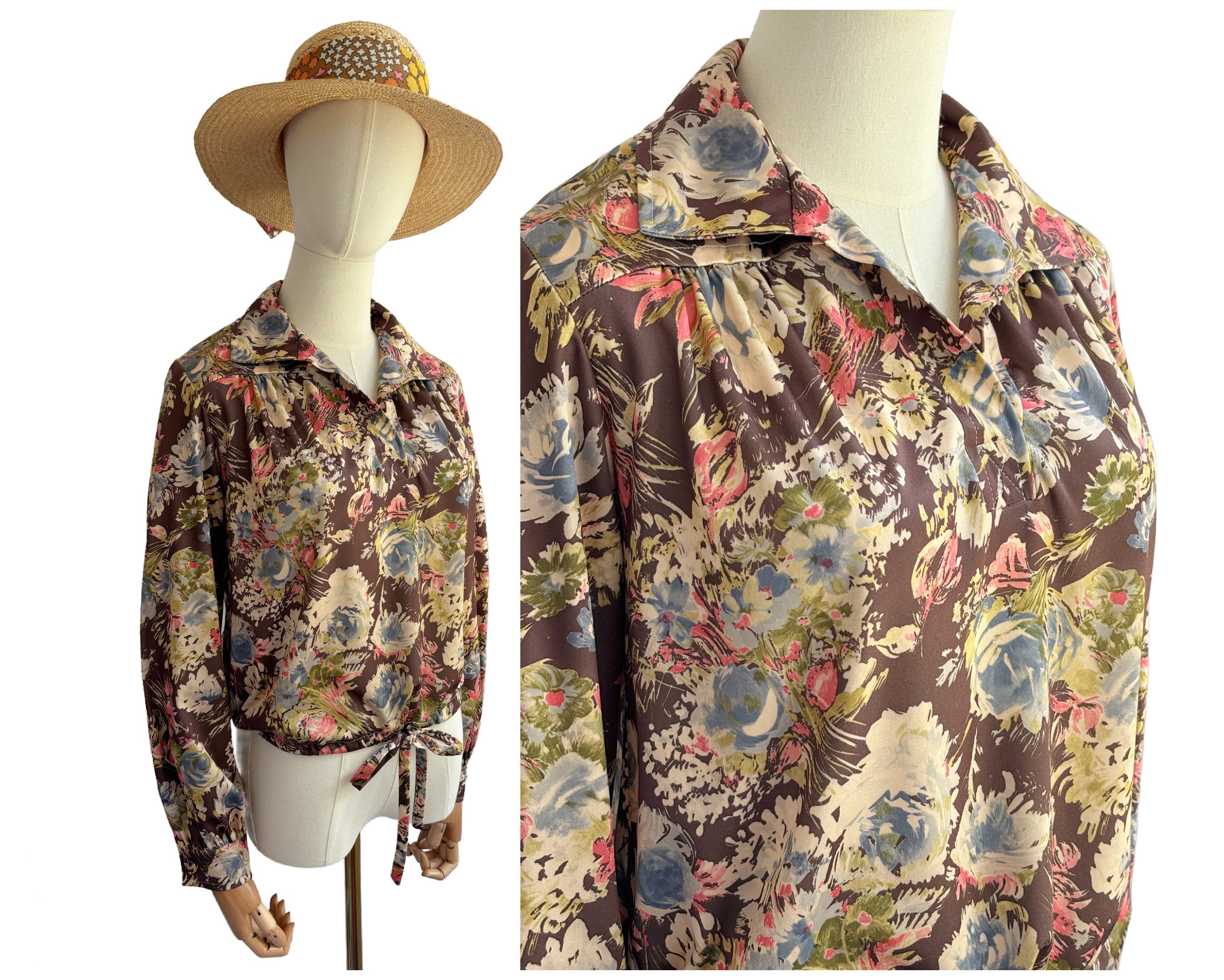 Vintage 1970s Brown Blue and Pink Floral Blouse with Draw String Waist and Pointy Collar | UK Size 1