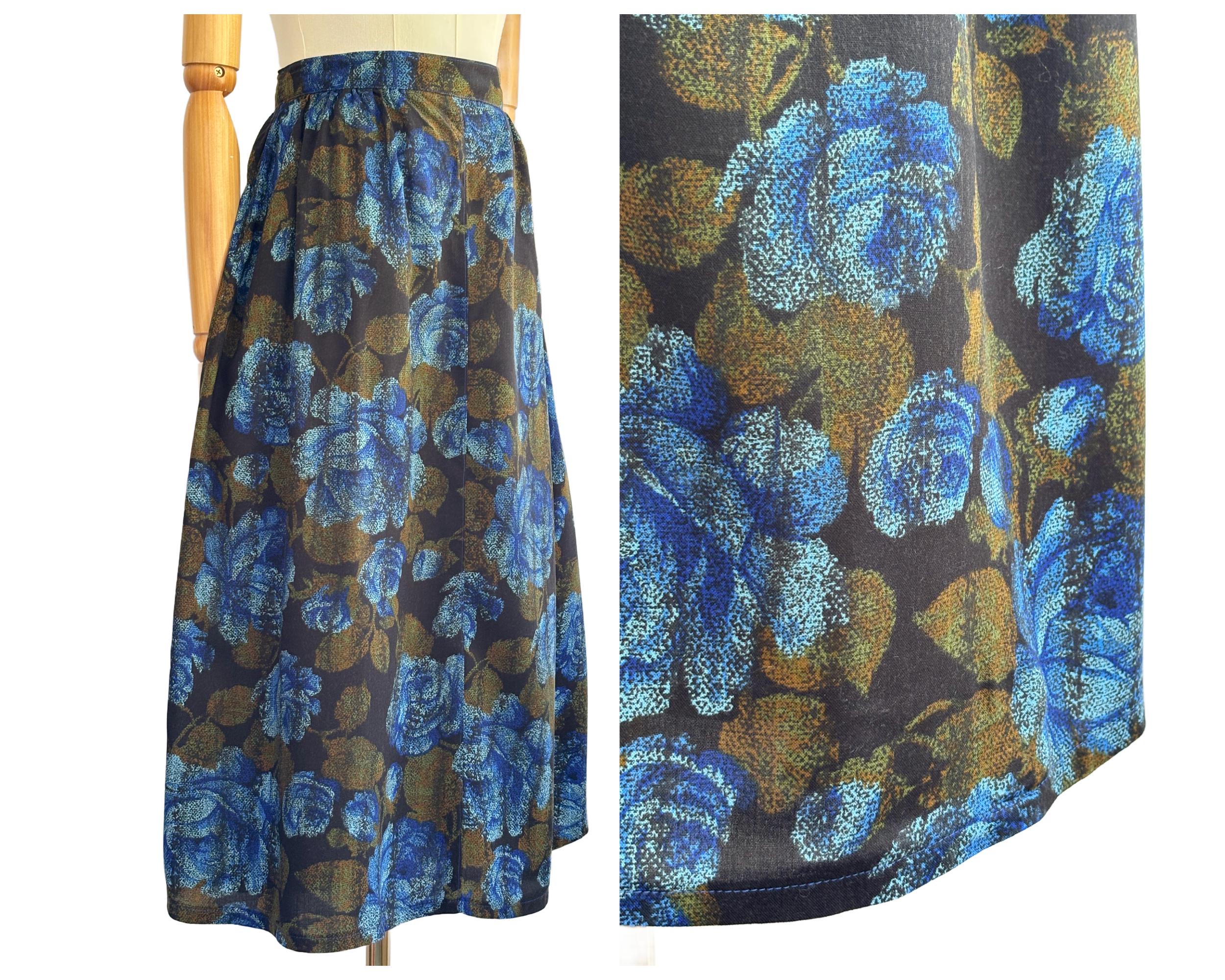 Vintage Nightingales Midi Skirt with Blue Rose Print | UK Size 14