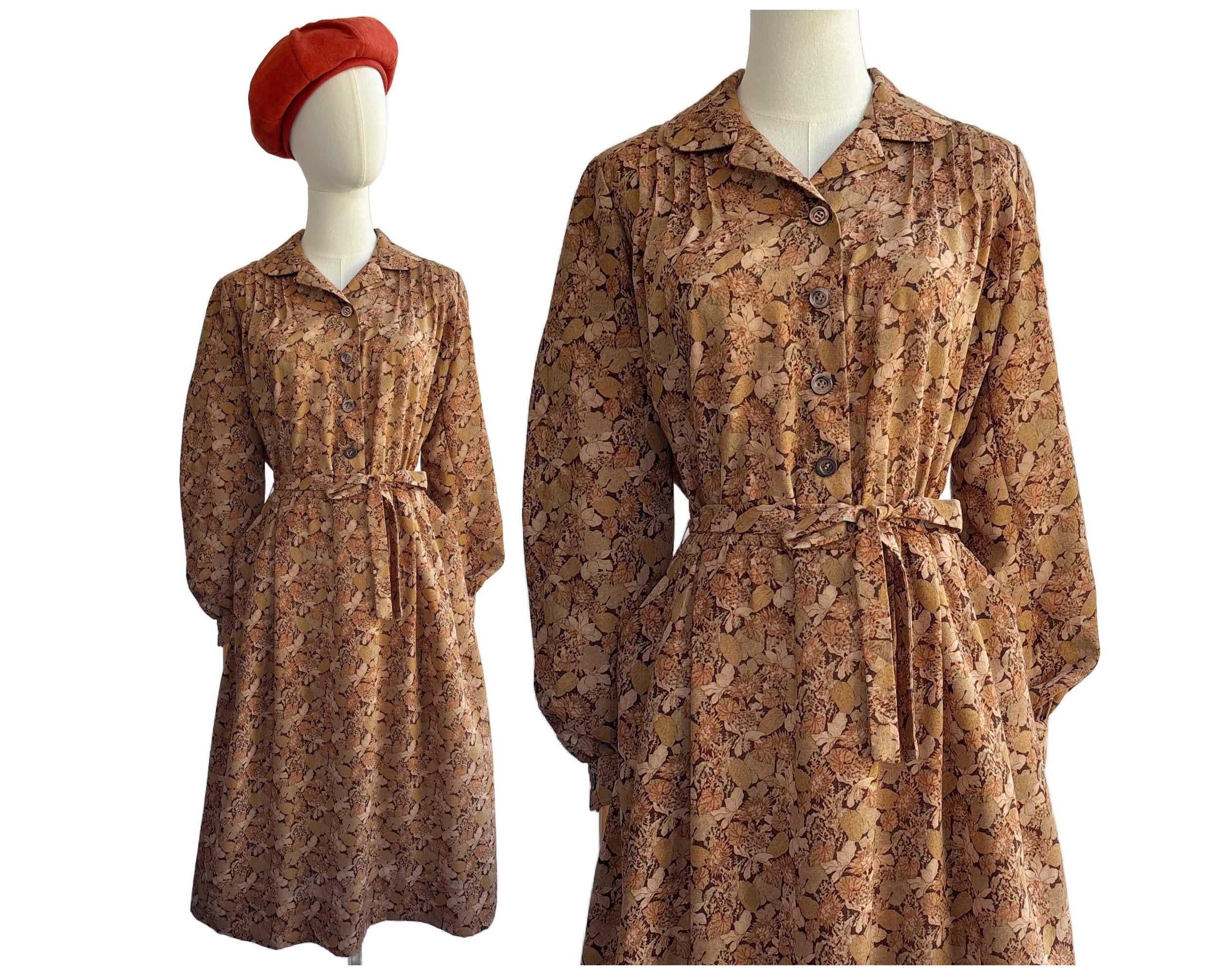 Vintage 70s Brown Autumn Leaf and Floral Print Shirtwaist dress with Tie Belt | Uk Size 14