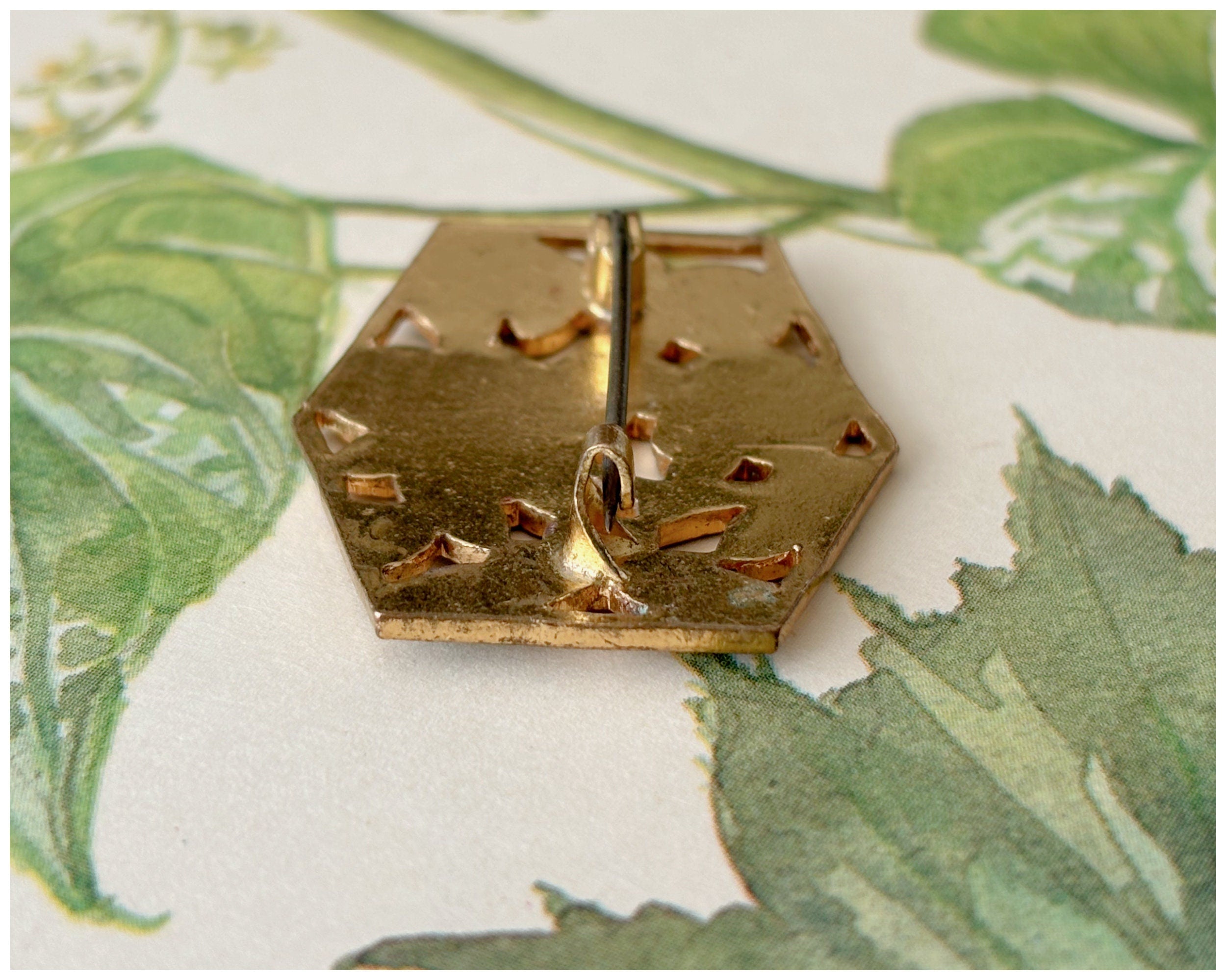 Vintage Enamel Green and Green Floral Brooch Gold Toned