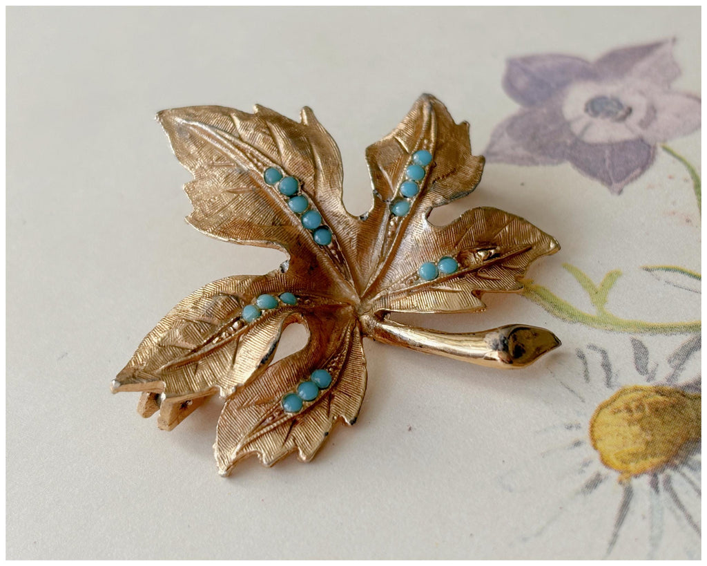 Vintage Gold Toned Autumn Maple Leaf Brooch with Small Turquoise Details by Hollywood