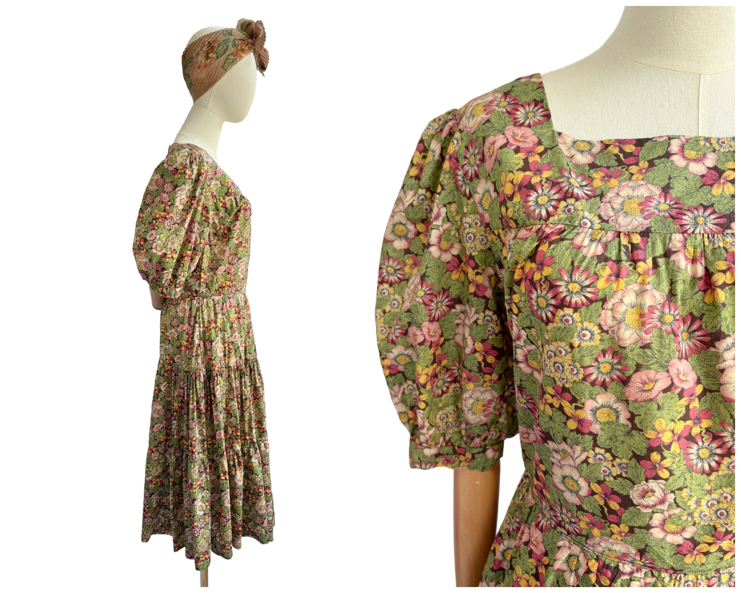 Vintage 1970s Pink and Green Floral Cotton Dress with Tiered Full Skirt | UK Size 10