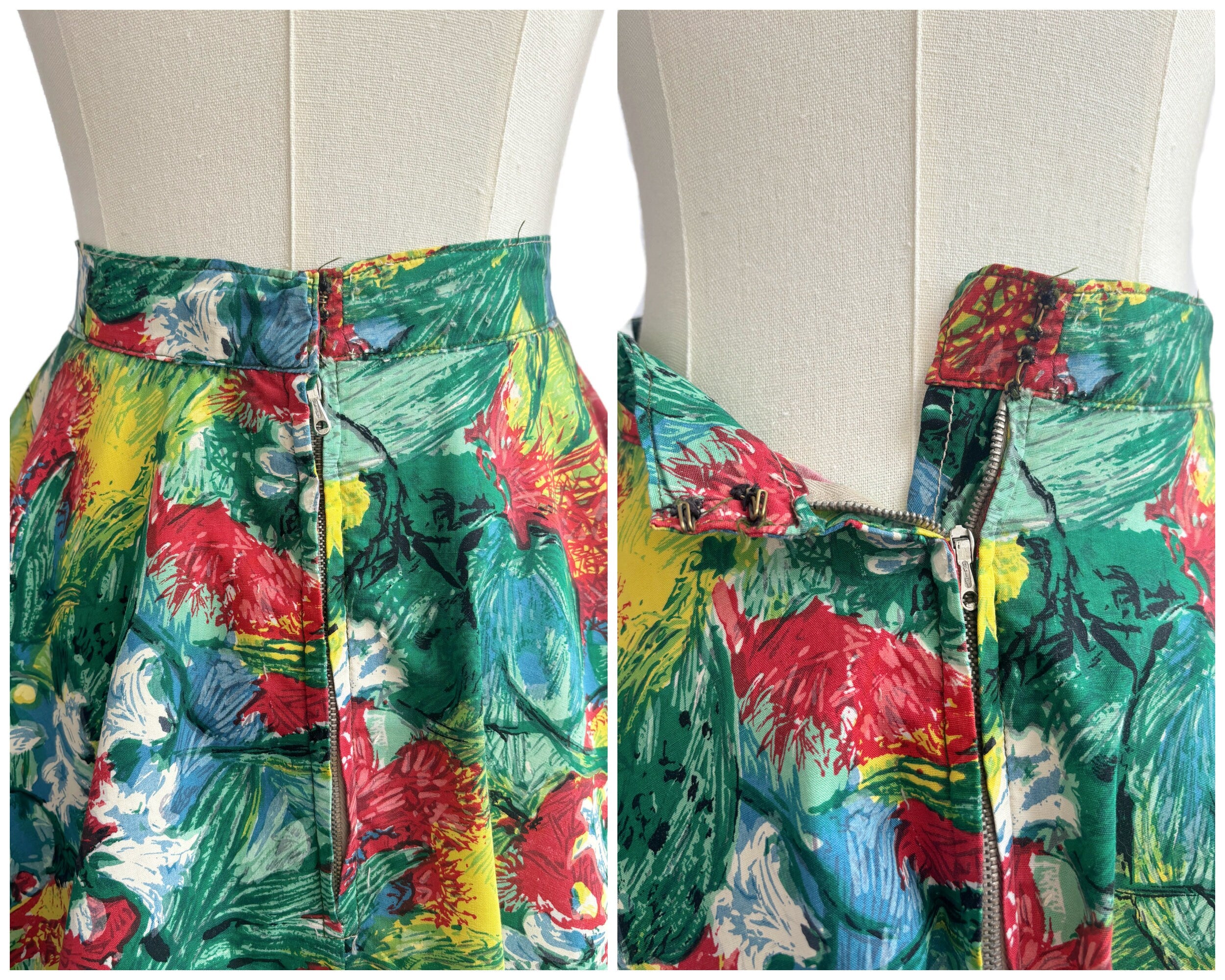 Vintage 1950s Cotton Painterly Floral Full Circle Skirt Green Red Yellow Blue | UK Size 12