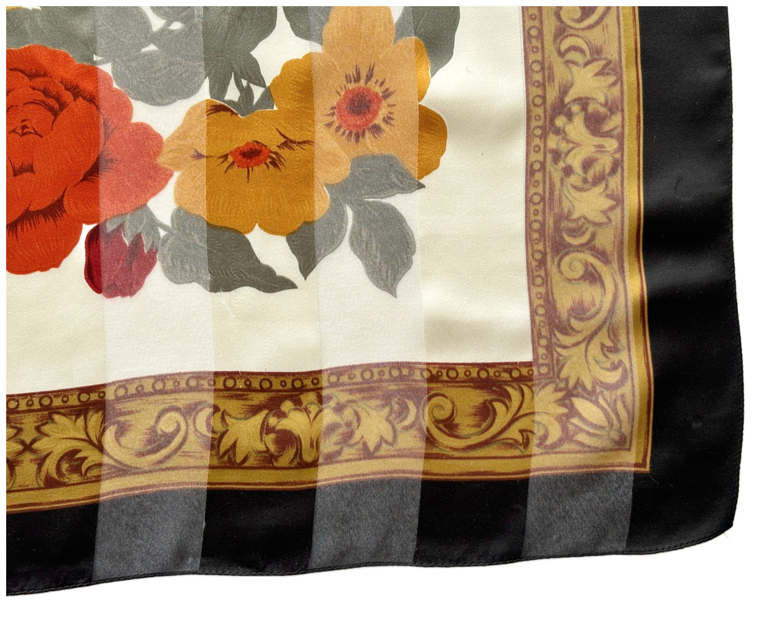 Vintage Square Scarf with Black Border and Orange Yellow and Red Floral Design