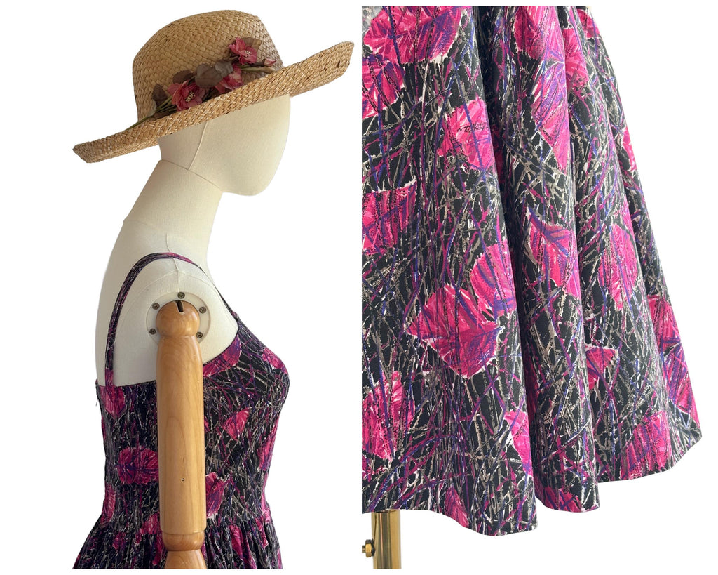 Vintage 1950s Cotton Abstract Painterly Leaf Print Strappy Dress with Full Skirt Pink Black Purple |
