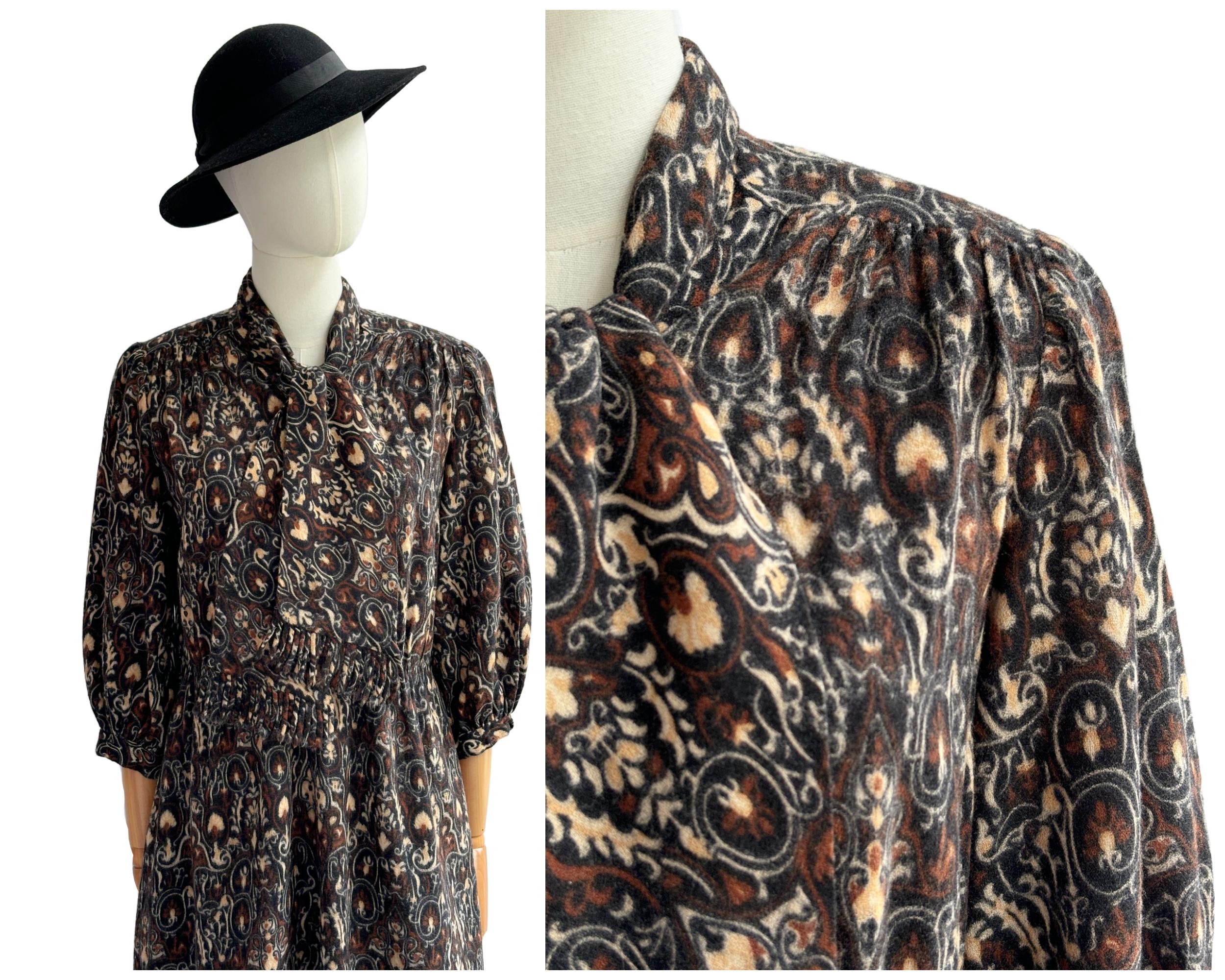 Vintage Wool Blend Autumn Winter Dress Brown Black Beige | UK Size 12-14