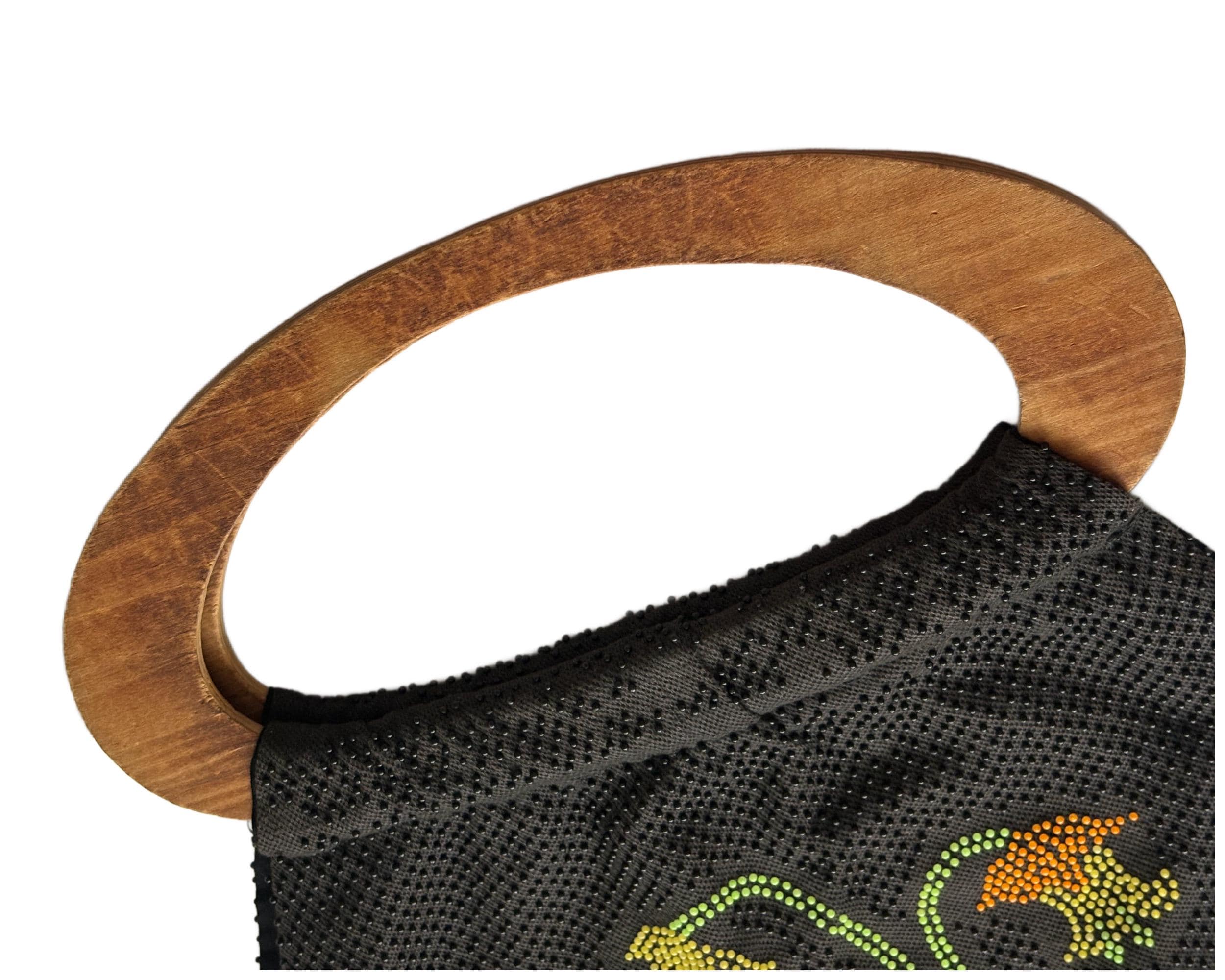Vintage Retro 1970s Large Beaded Handbag with Daffodil Floral Design and Wooden Handle Knitting Bag