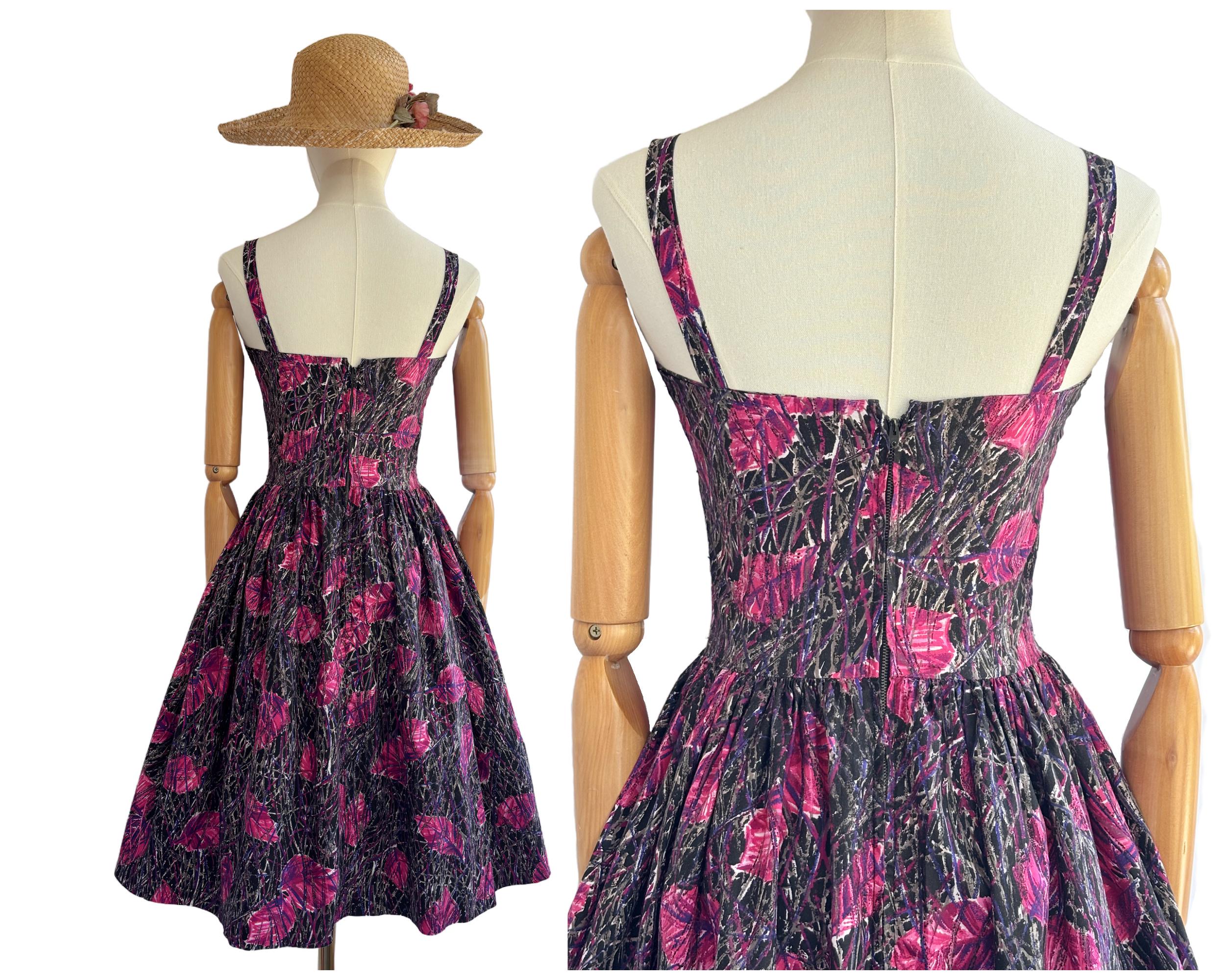 Vintage 1950s Cotton Abstract Painterly Leaf Print Strappy Dress with Full Skirt Pink Black Purple |
