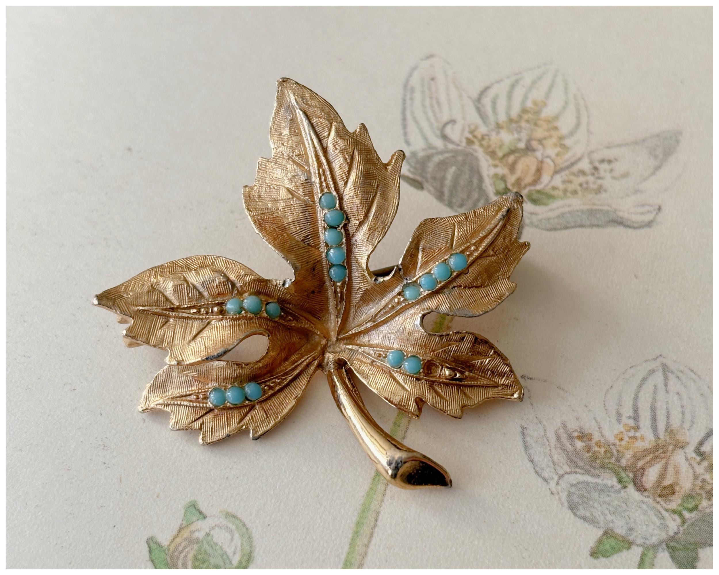 Vintage Gold Toned Autumn Maple Leaf Brooch with Small Turquoise Details by Hollywood