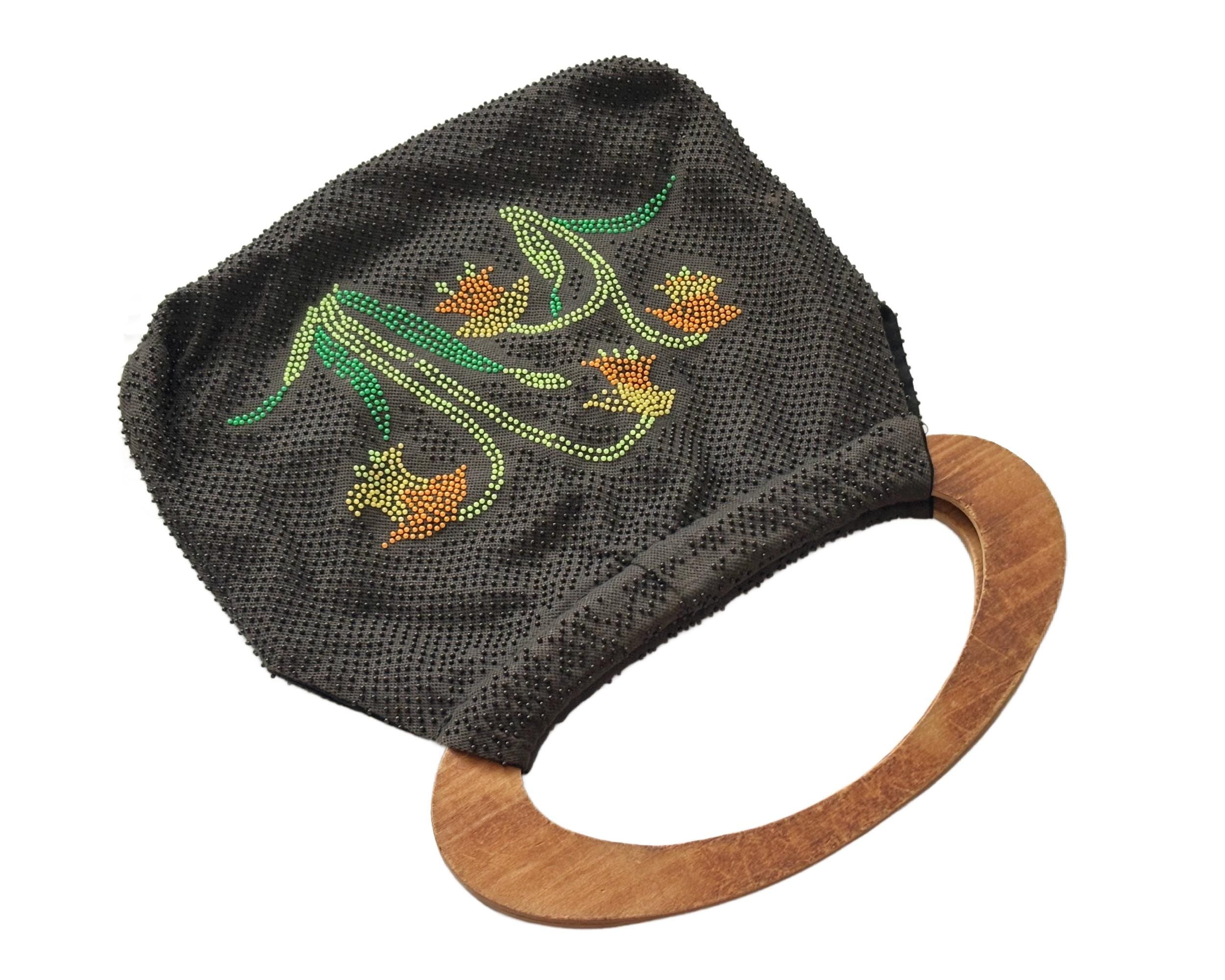 Vintage Retro 1970s Large Beaded Handbag with Daffodil Floral Design and Wooden Handle Knitting Bag