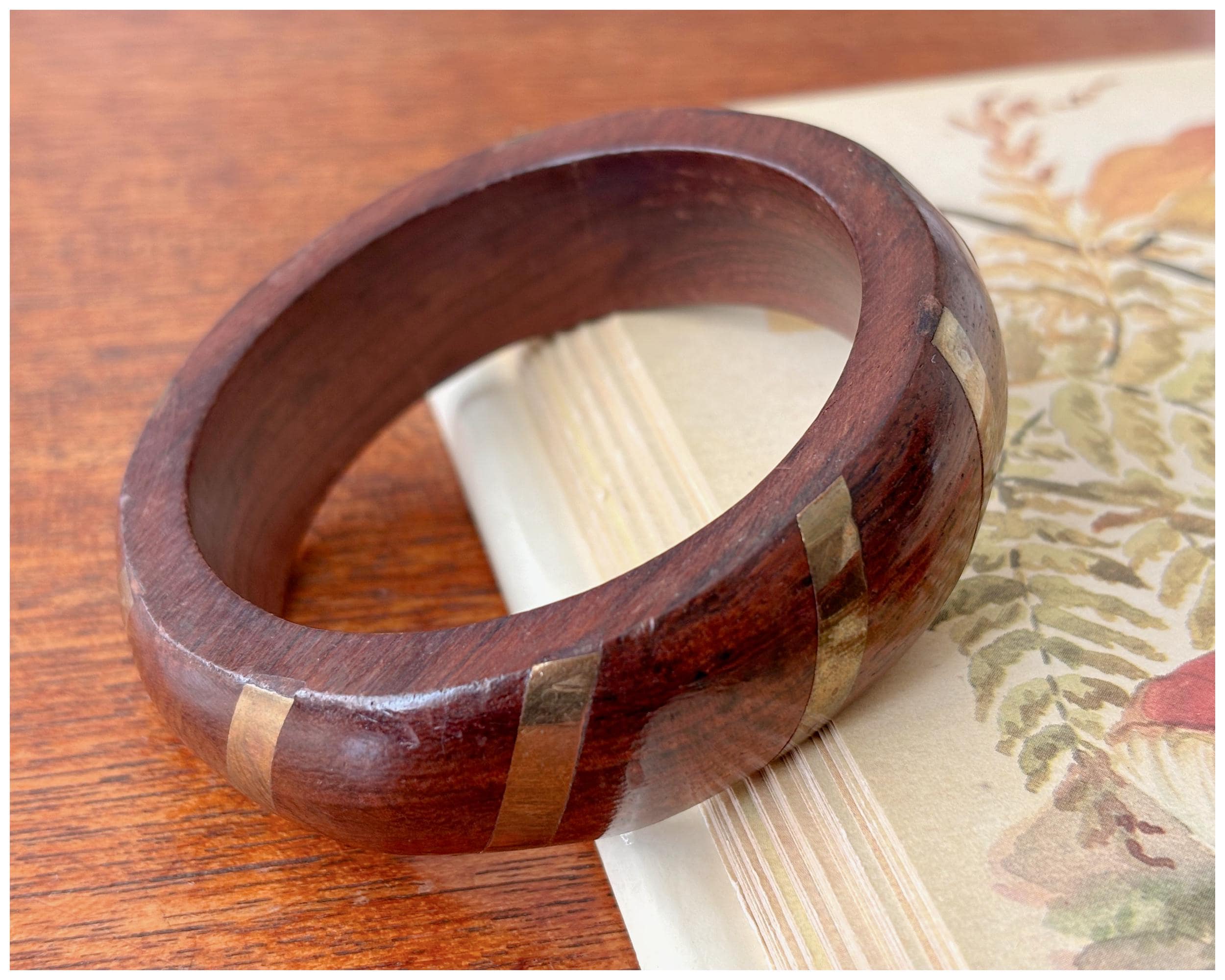Vintage Chunky Dark Wood Bangle with Brass Stripe Inlay