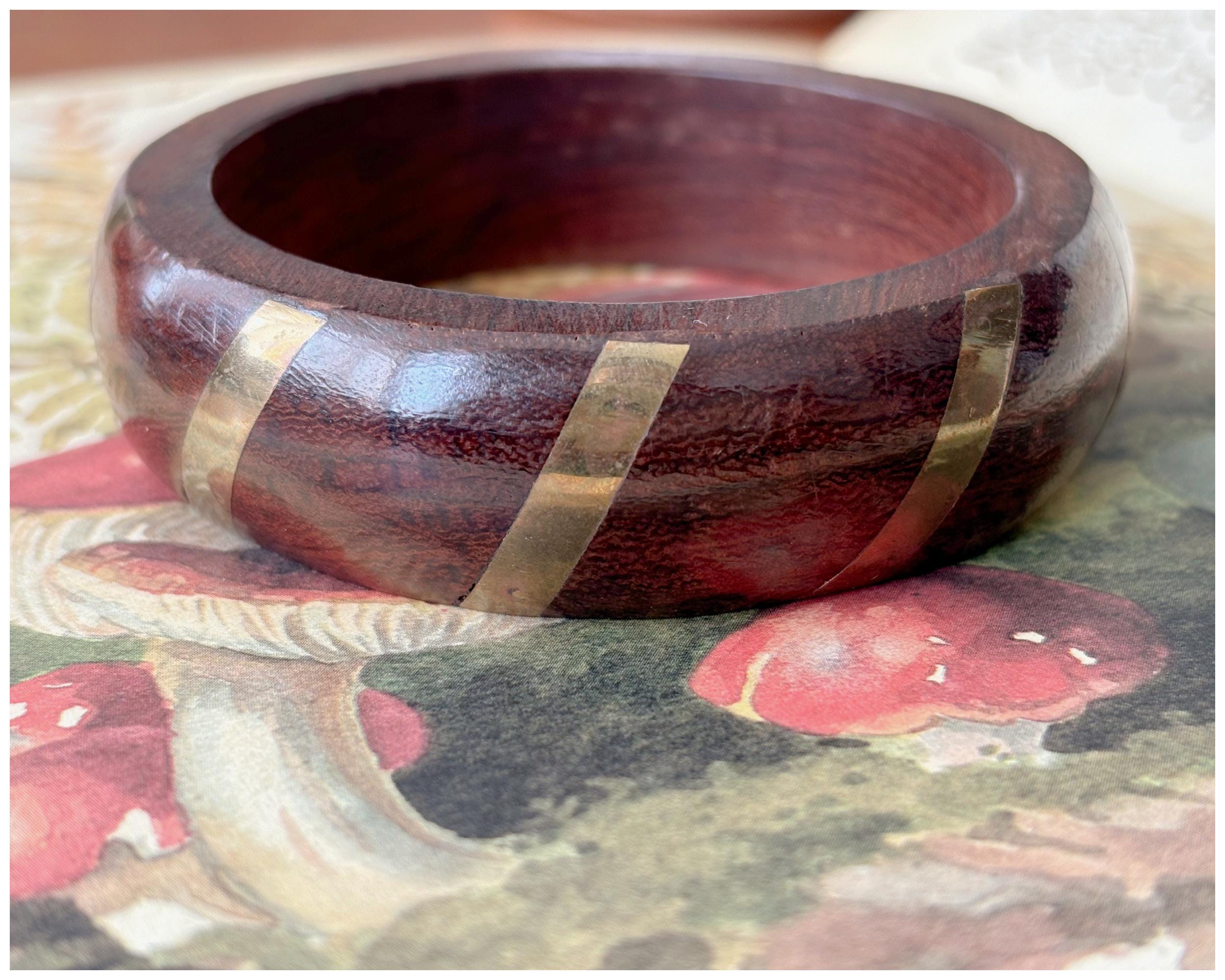 Vintage Chunky Dark Wood Bangle with Brass Stripe Inlay