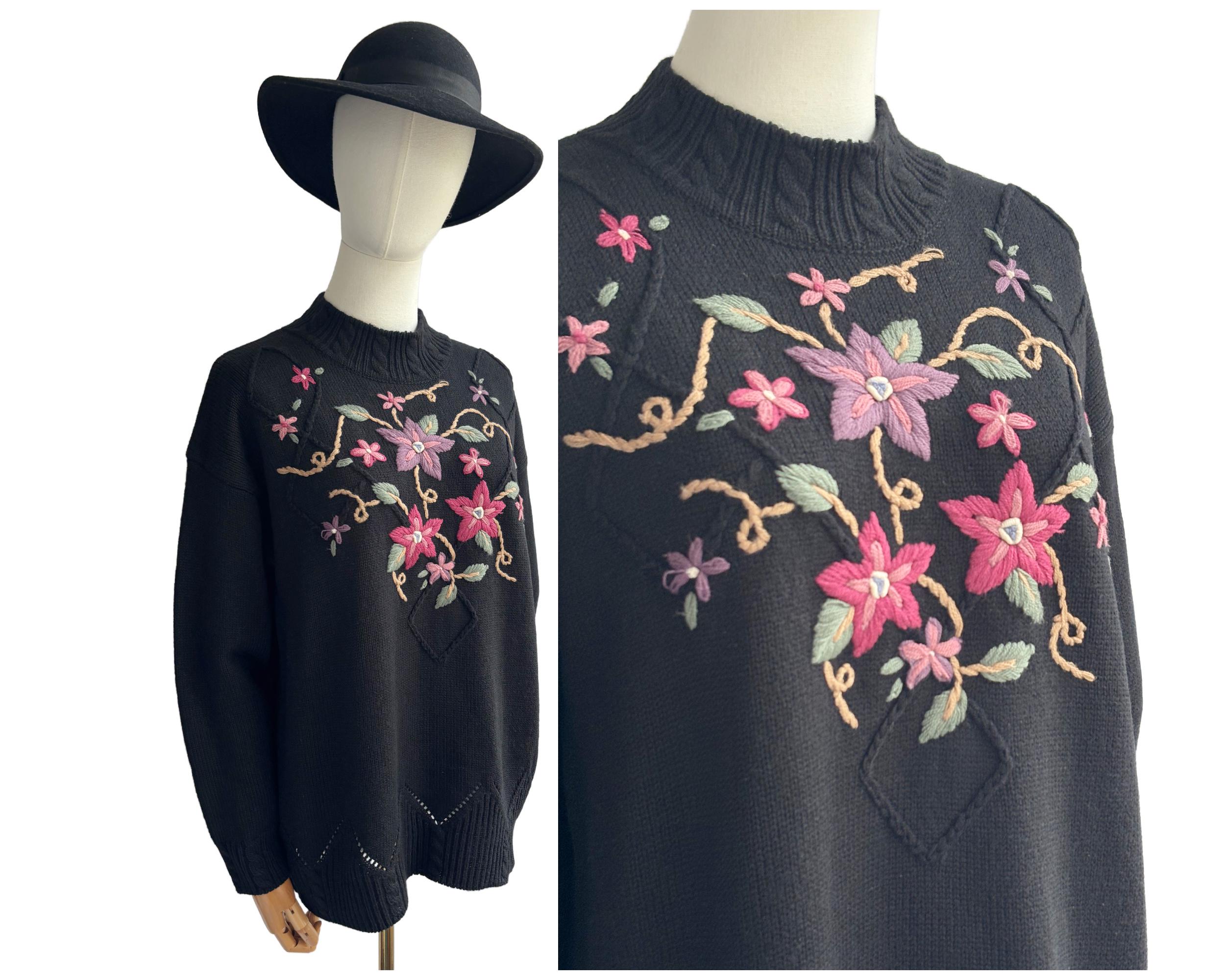 Vintage 80s / 90s St Michael Floral Embroidered Lambswool Blend Pullover Jumper Sweater | UK Size 14