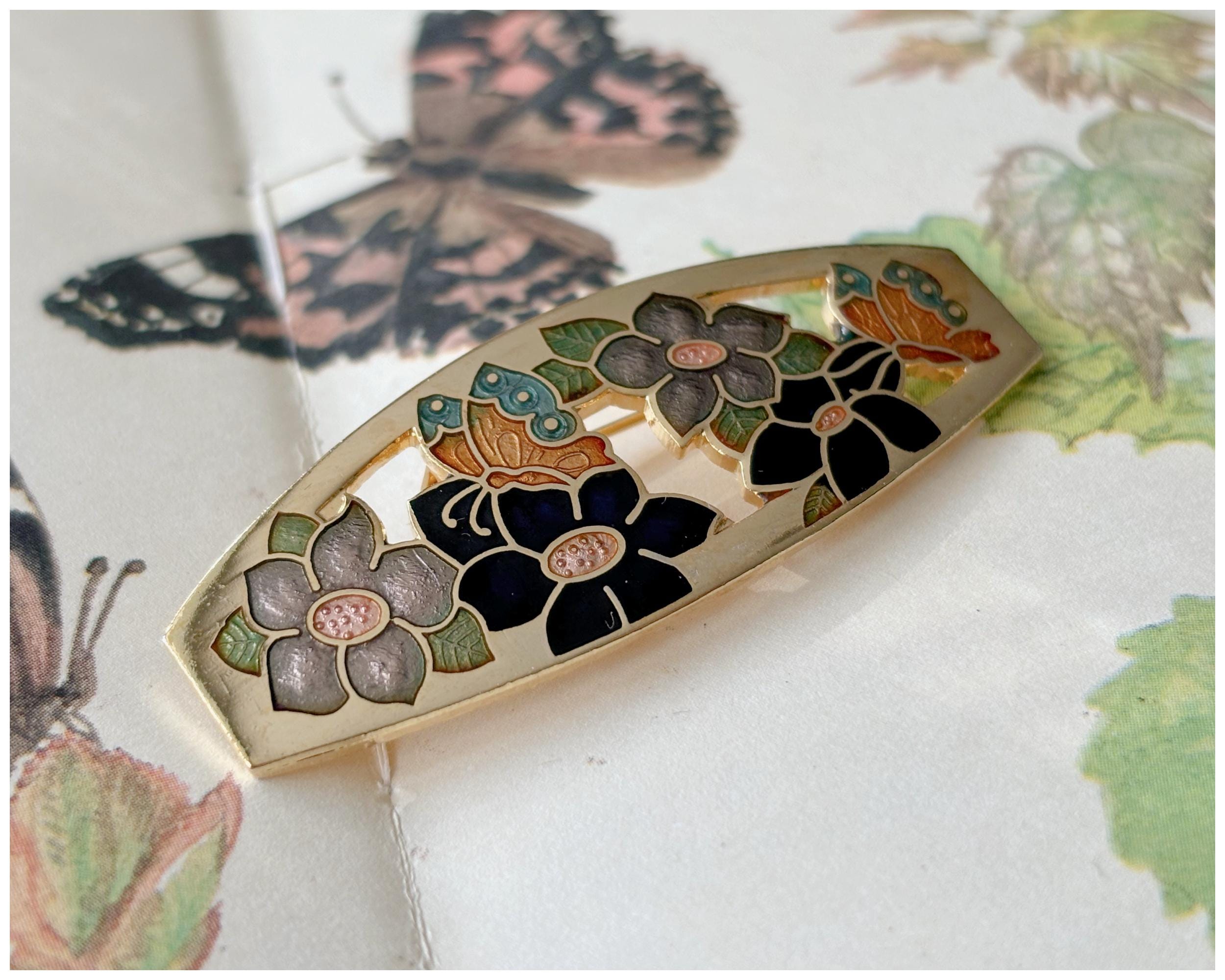 Vintage Cloisonné Flower and Butterfly Bar Brooch Gold Toned