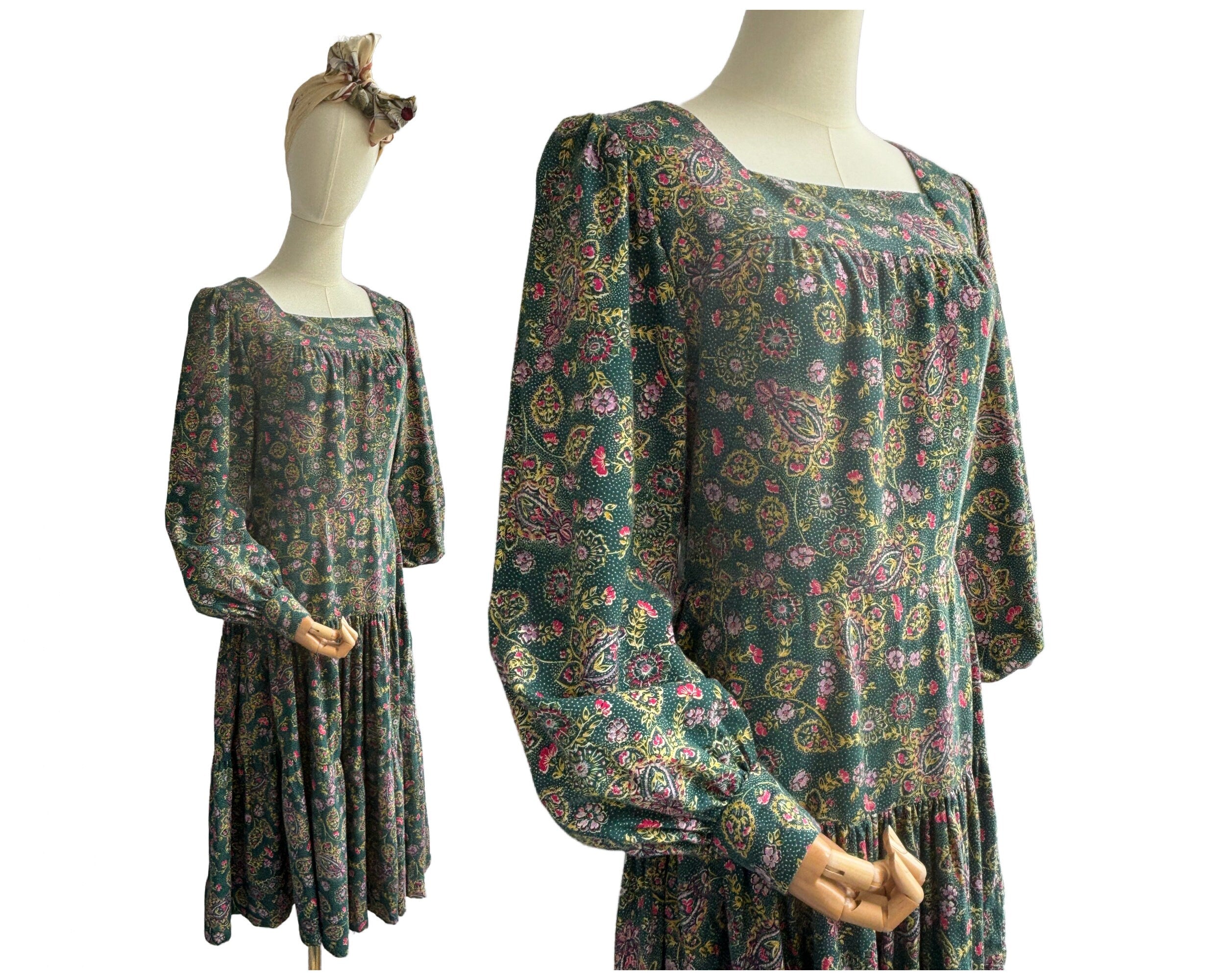Vintage Wool Blend Green and Pink Floral Dress with Full Tiered Skirt | UK Size 10-12