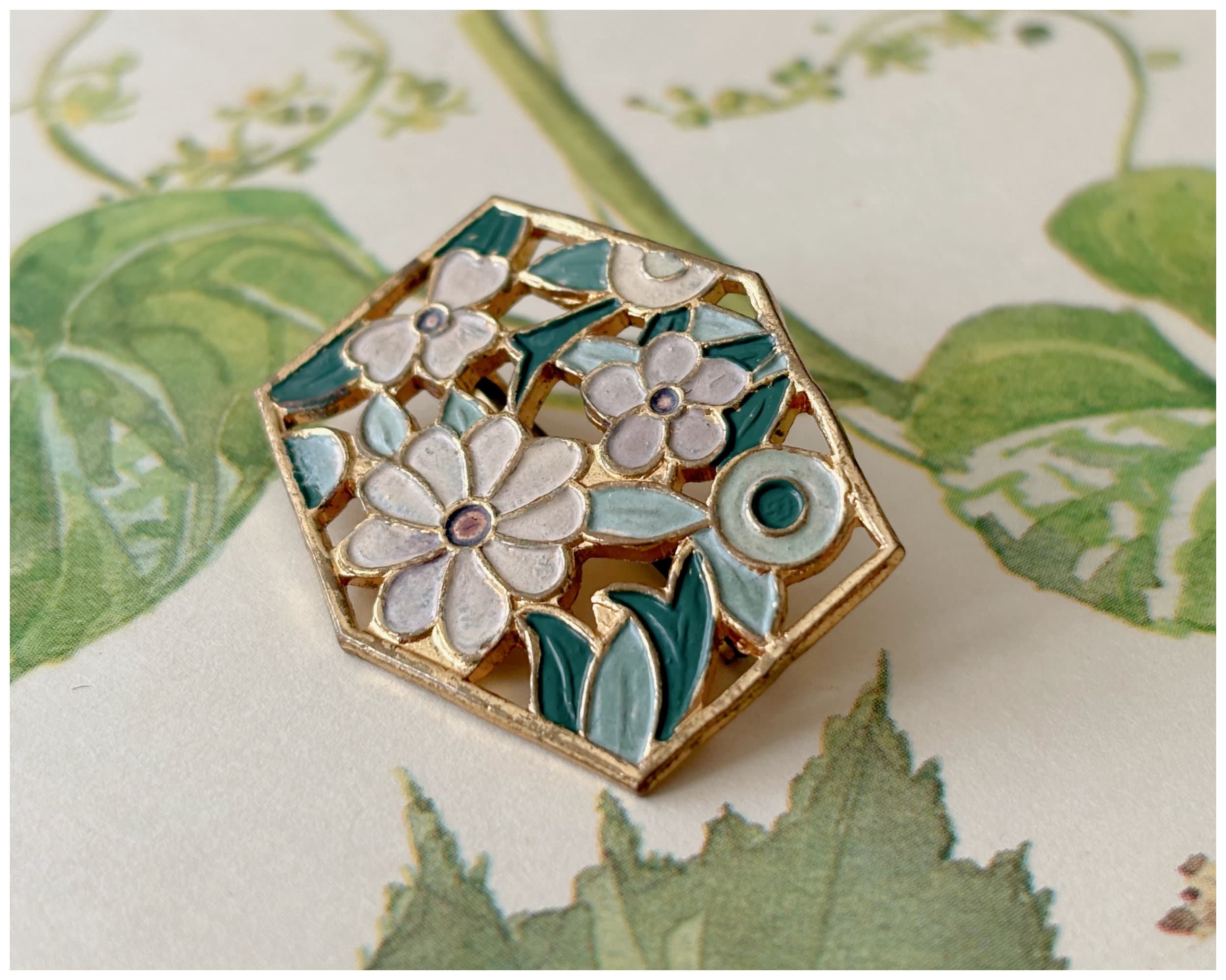 Vintage Enamel Green and Green Floral Brooch Gold Toned