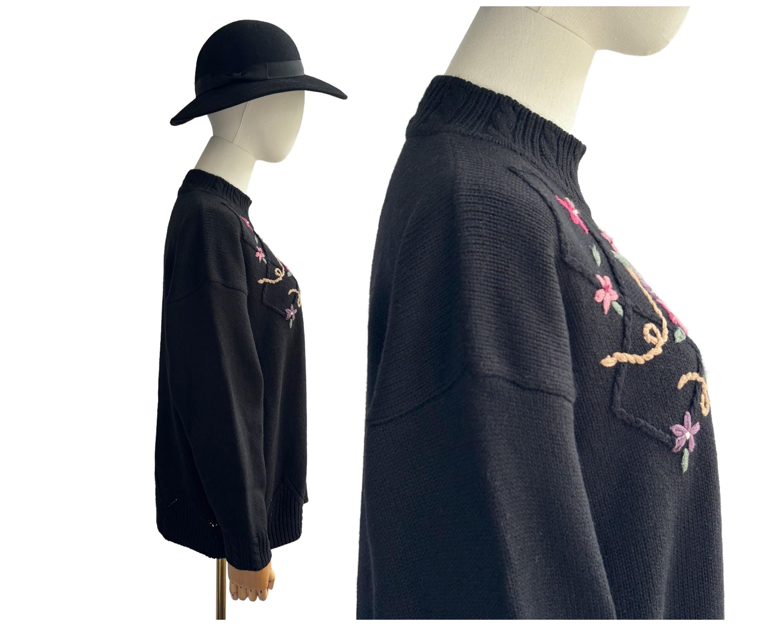 Vintage 80s / 90s St Michael Floral Embroidered Lambswool Blend Pullover Jumper Sweater | UK Size 14