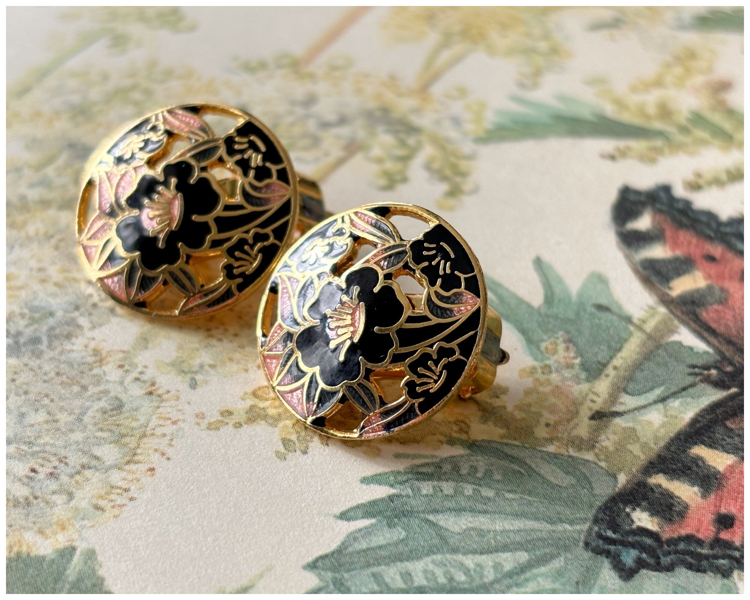 Vintage Cloisonné Enamel Pink and Black Floral Clip On Earrings