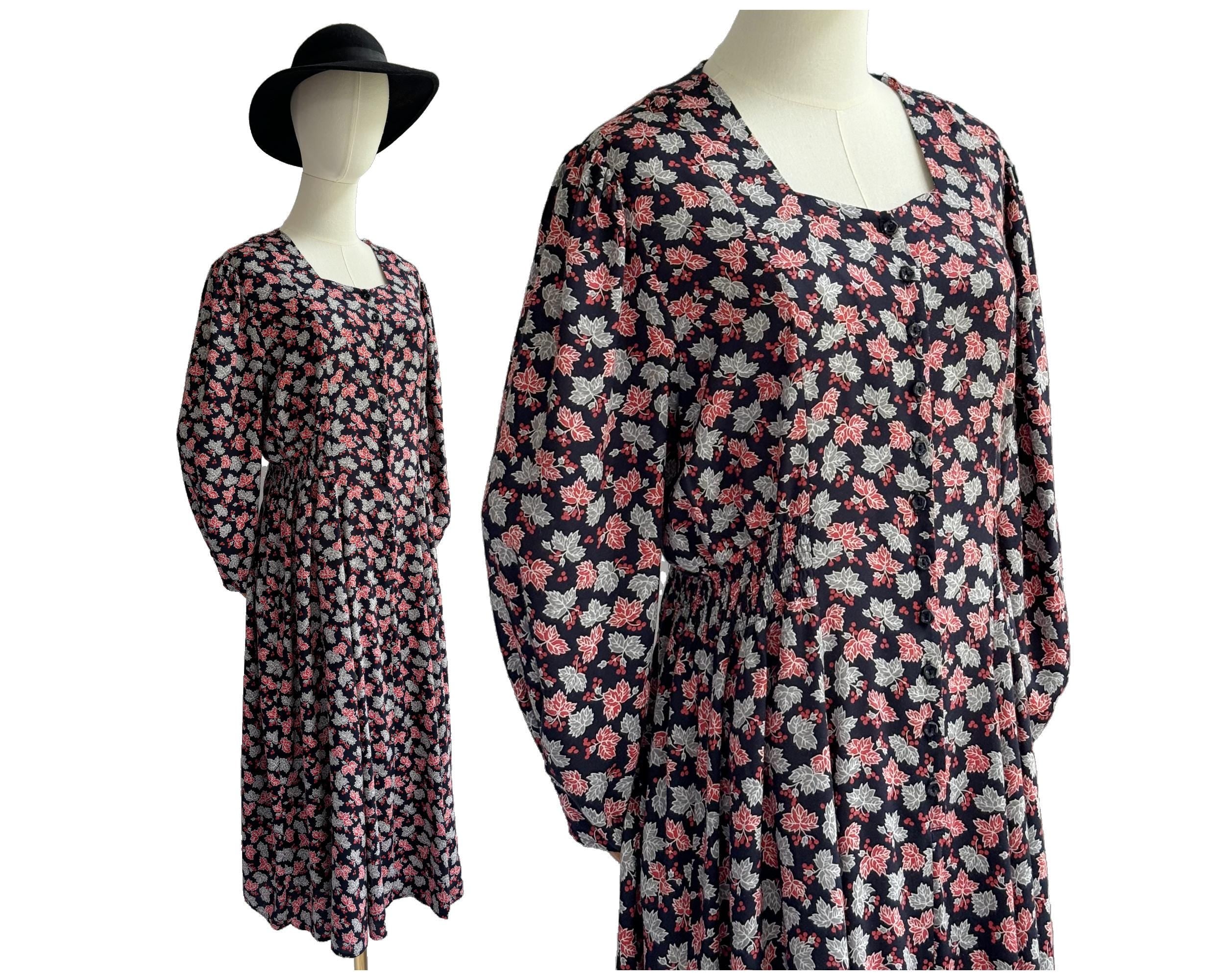 Vintage 90s Viscose Dress with Red and Grey Autumn leaf and Berry Print by BHS | Uk Size 14