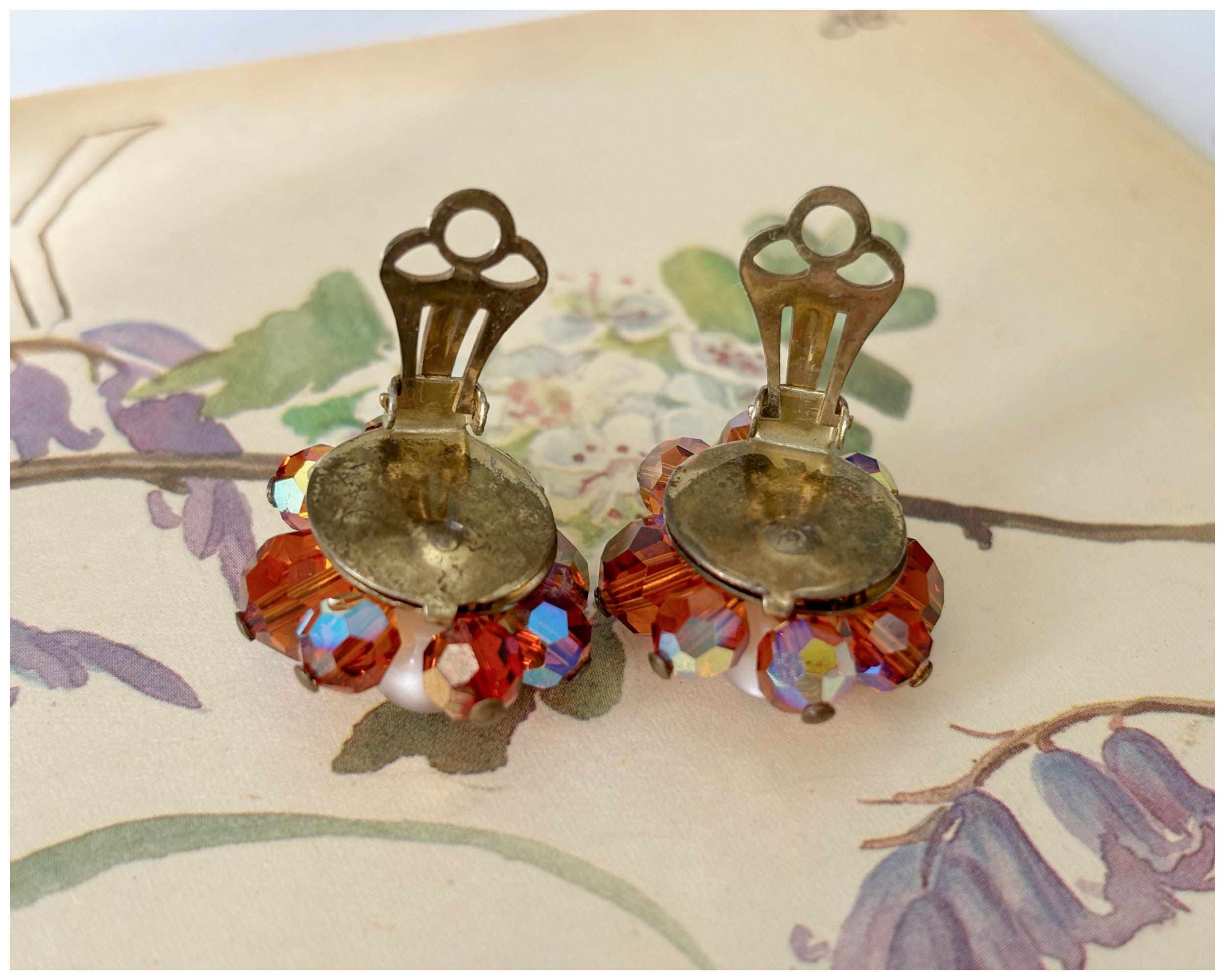 Vintage Glass Bead Cluster Clip On Earrings Orange