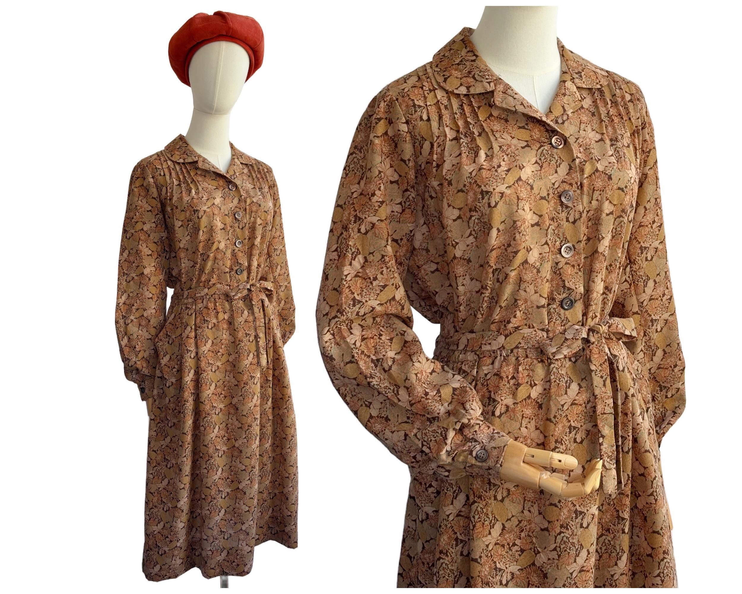 Vintage 70s Brown Autumn Leaf and Floral Print Shirtwaist dress with Tie Belt | Uk Size 14