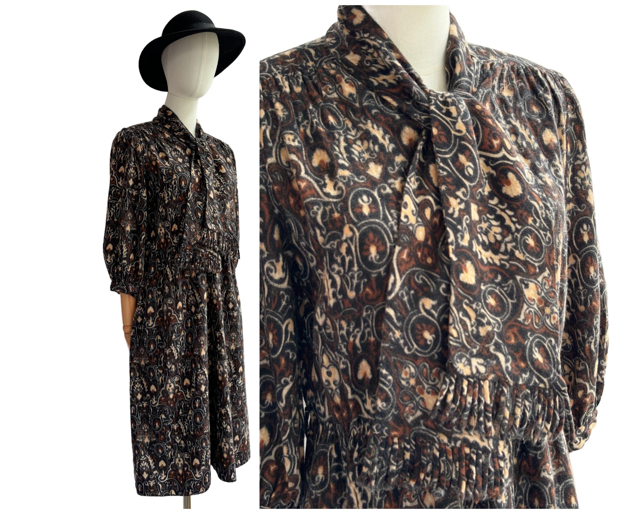 Vintage Wool Blend Autumn Winter Dress Brown Black Beige | UK Size 12-14
