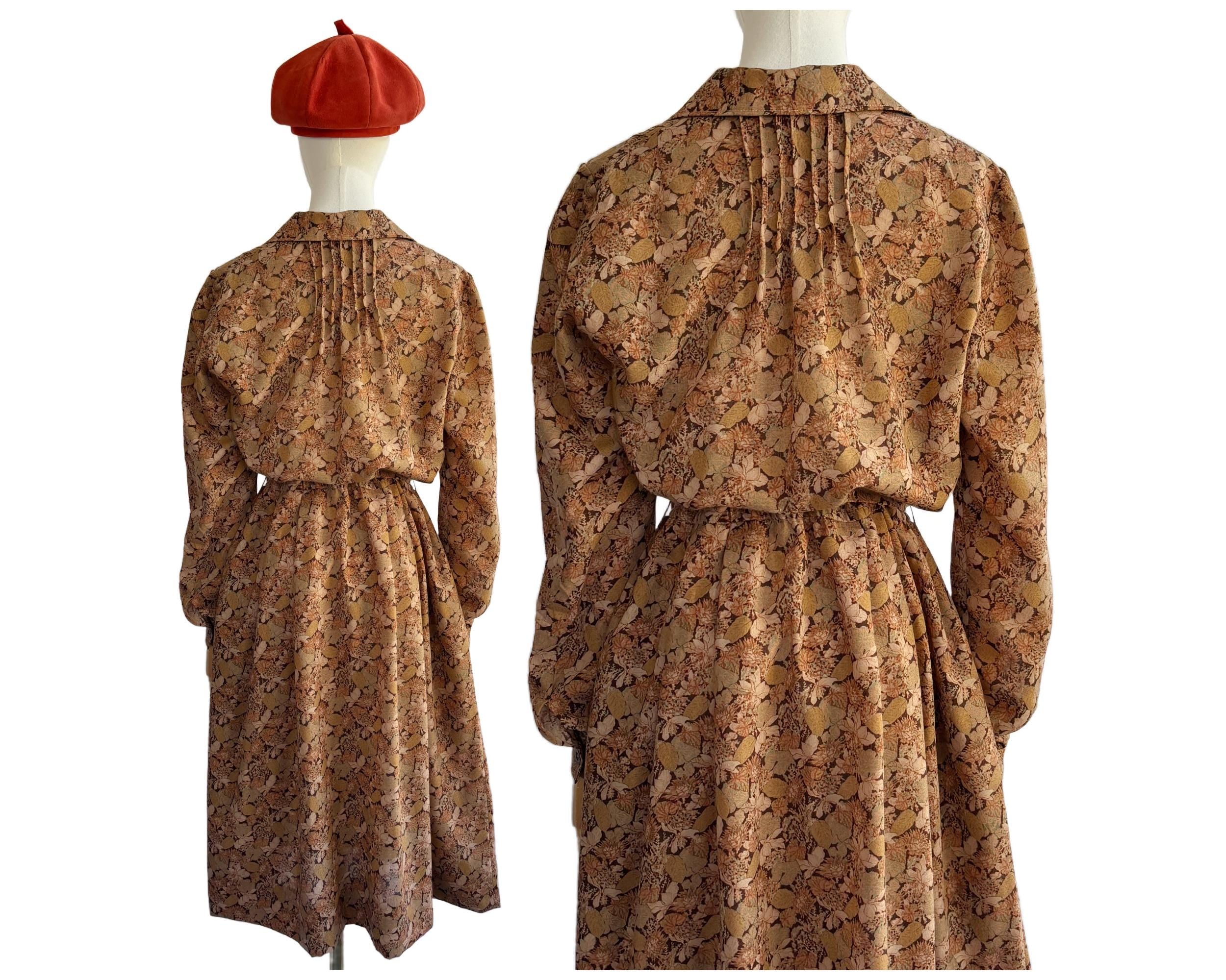 Vintage 70s Brown Autumn Leaf and Floral Print Shirtwaist dress with Tie Belt | Uk Size 14