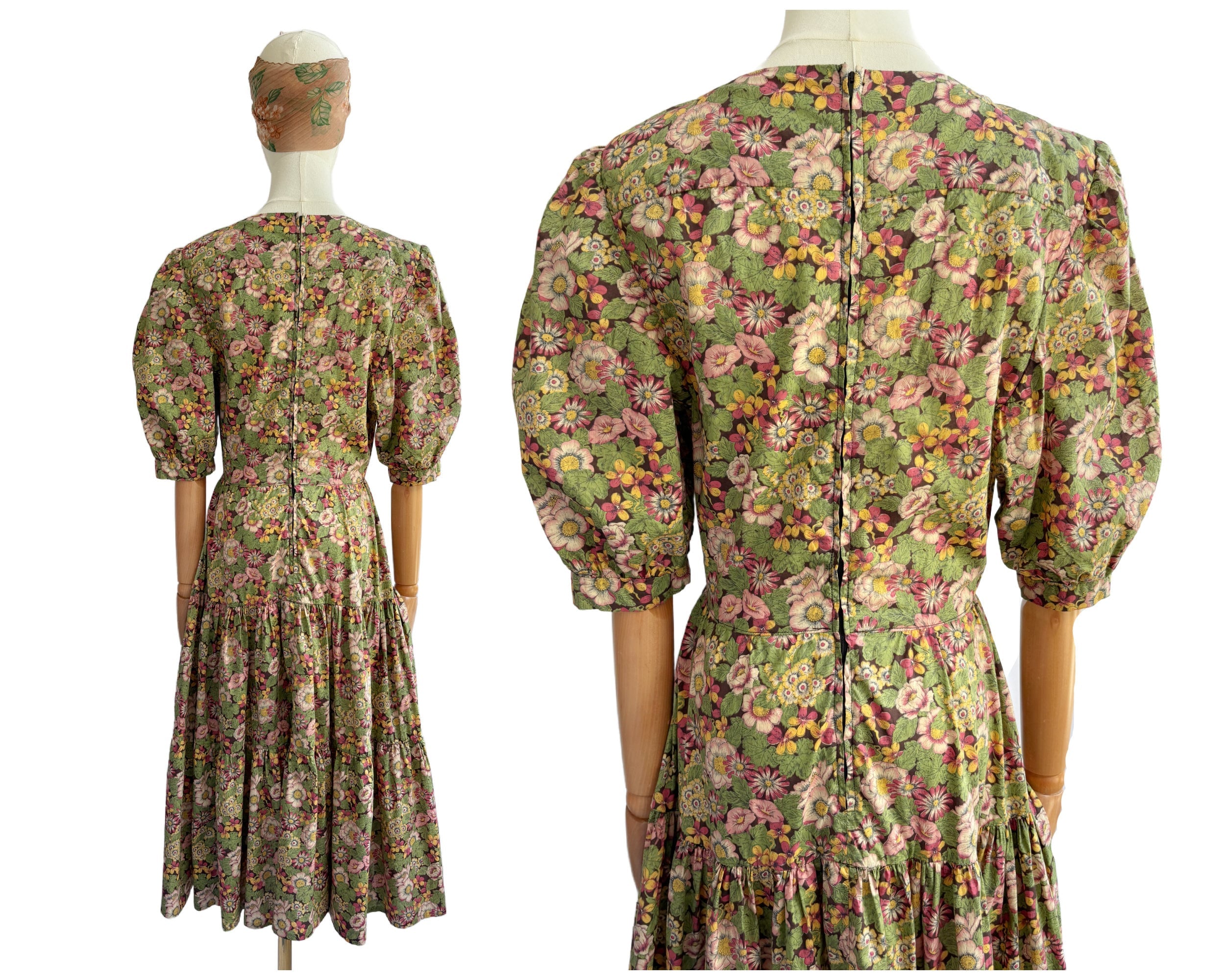 Vintage 1970s Pink and Green Floral Cotton Dress with Tiered Full Skirt | UK Size 10