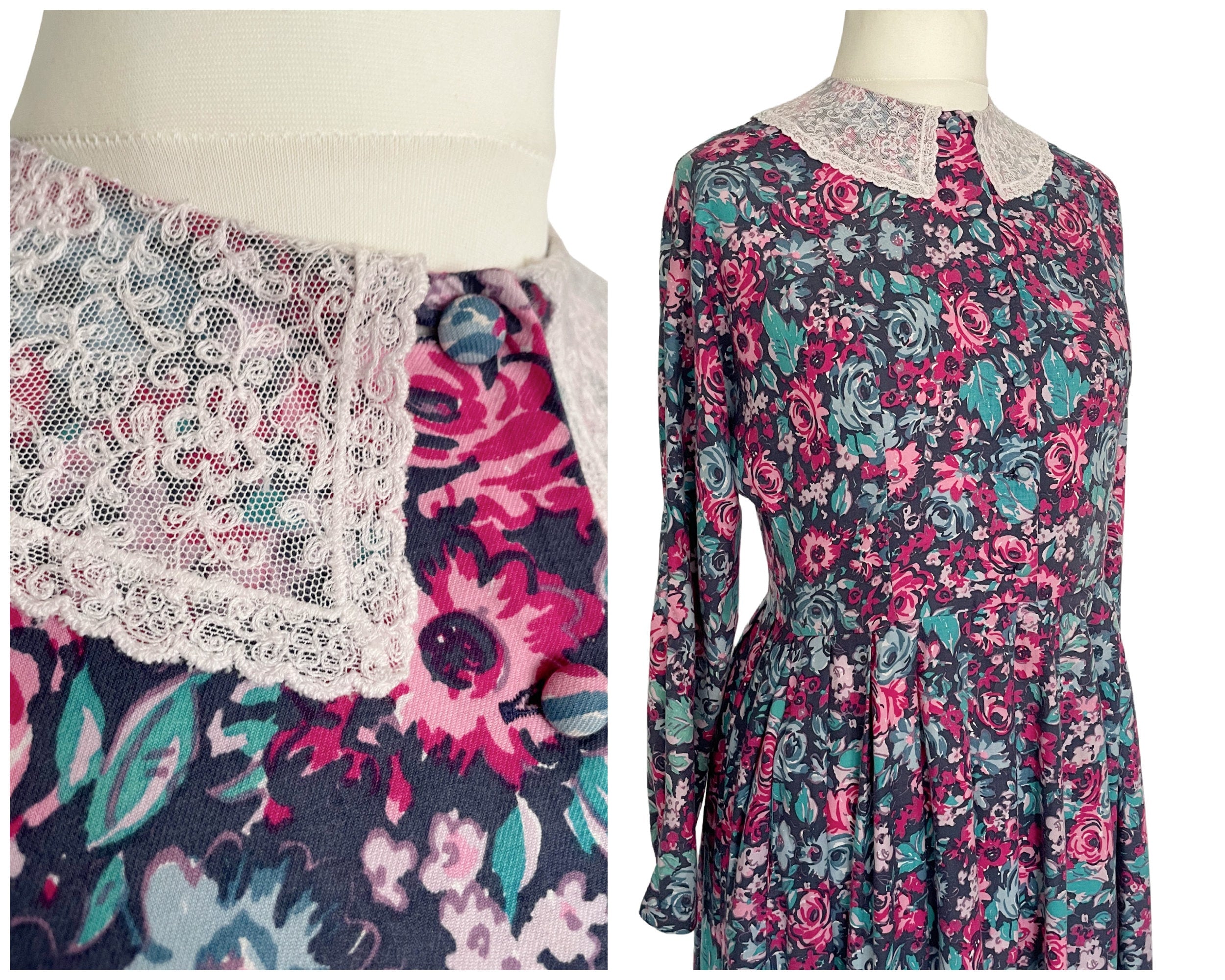 Vintage Laura Ashley Brushed Cotton Floral Rose Print Shirtwaist Dress with Long Sleeves and White L