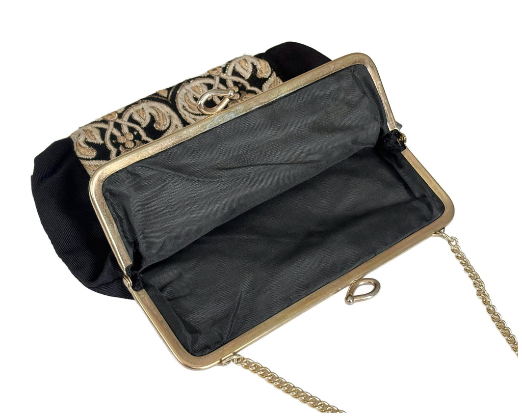Vintage Black and Gold Brocade and Grosgrain Evening Bag with Gold Chain Handle