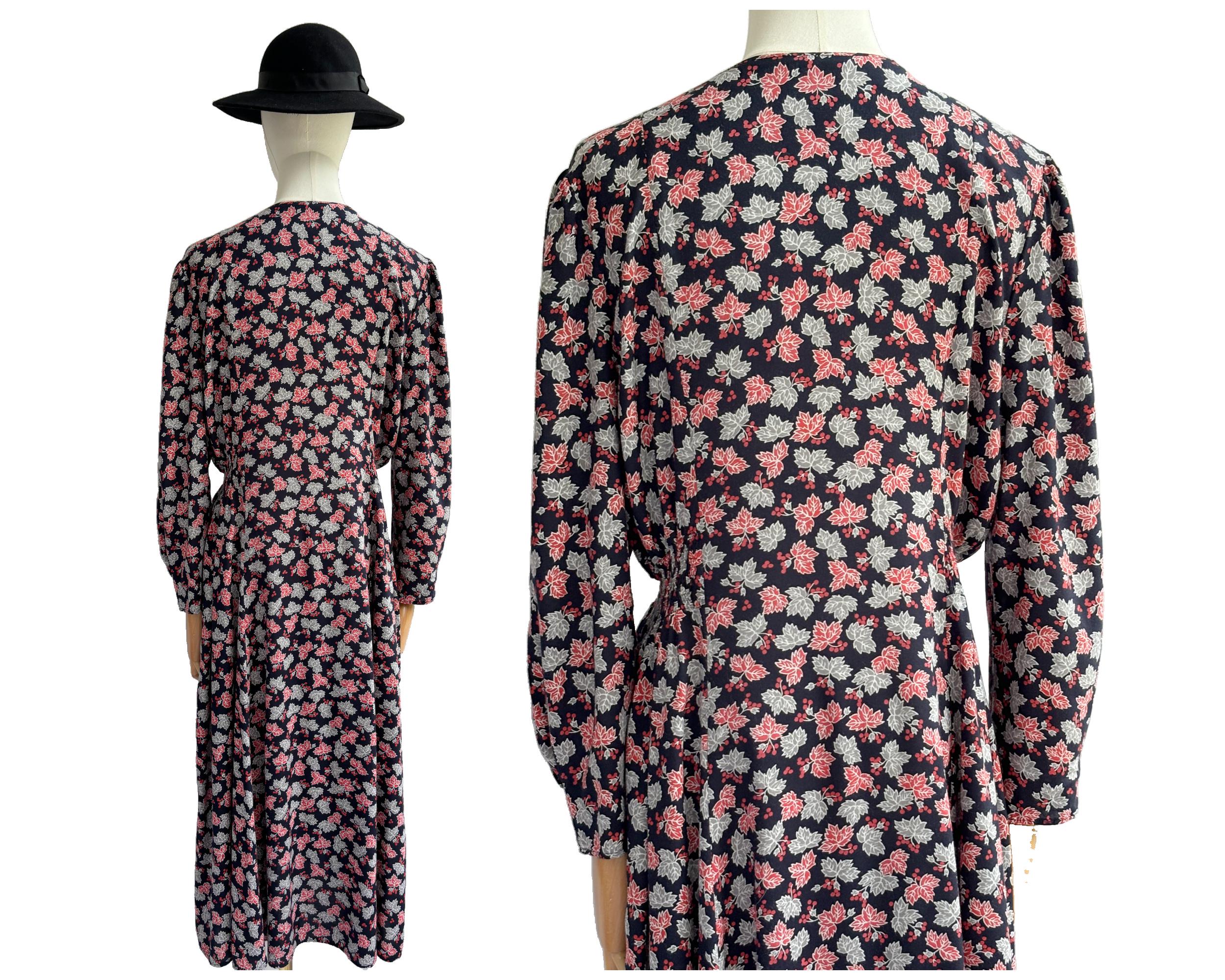 Vintage 90s Viscose Dress with Red and Grey Autumn leaf and Berry Print by BHS | Uk Size 14