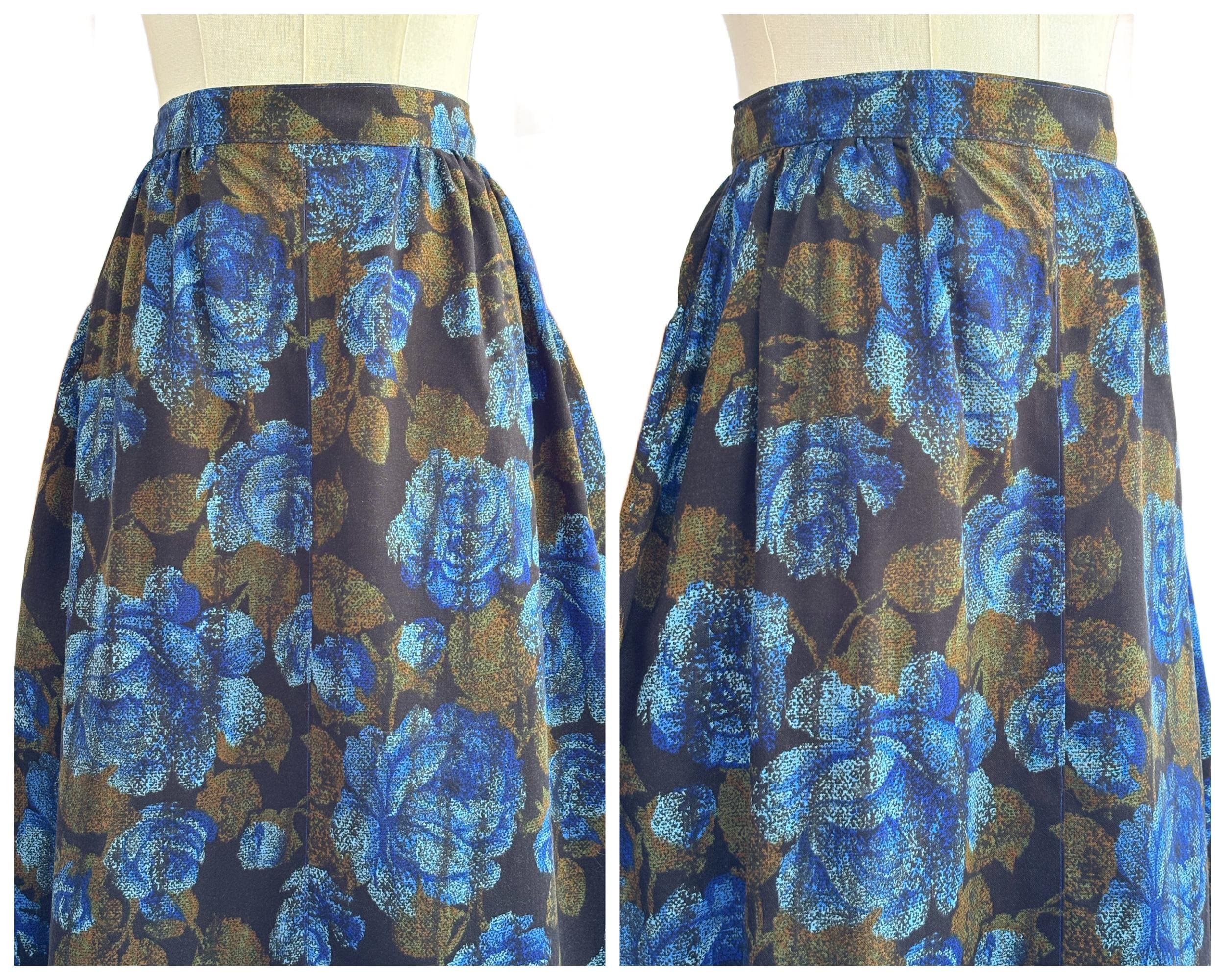 Vintage Nightingales Midi Skirt with Blue Rose Print | UK Size 14