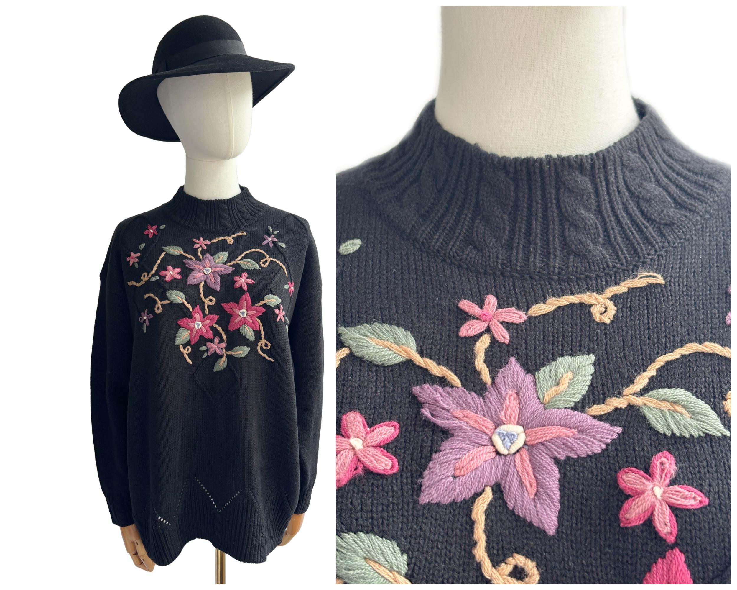 Vintage 80s / 90s St Michael Floral Embroidered Lambswool Blend Pullover Jumper Sweater | UK Size 14