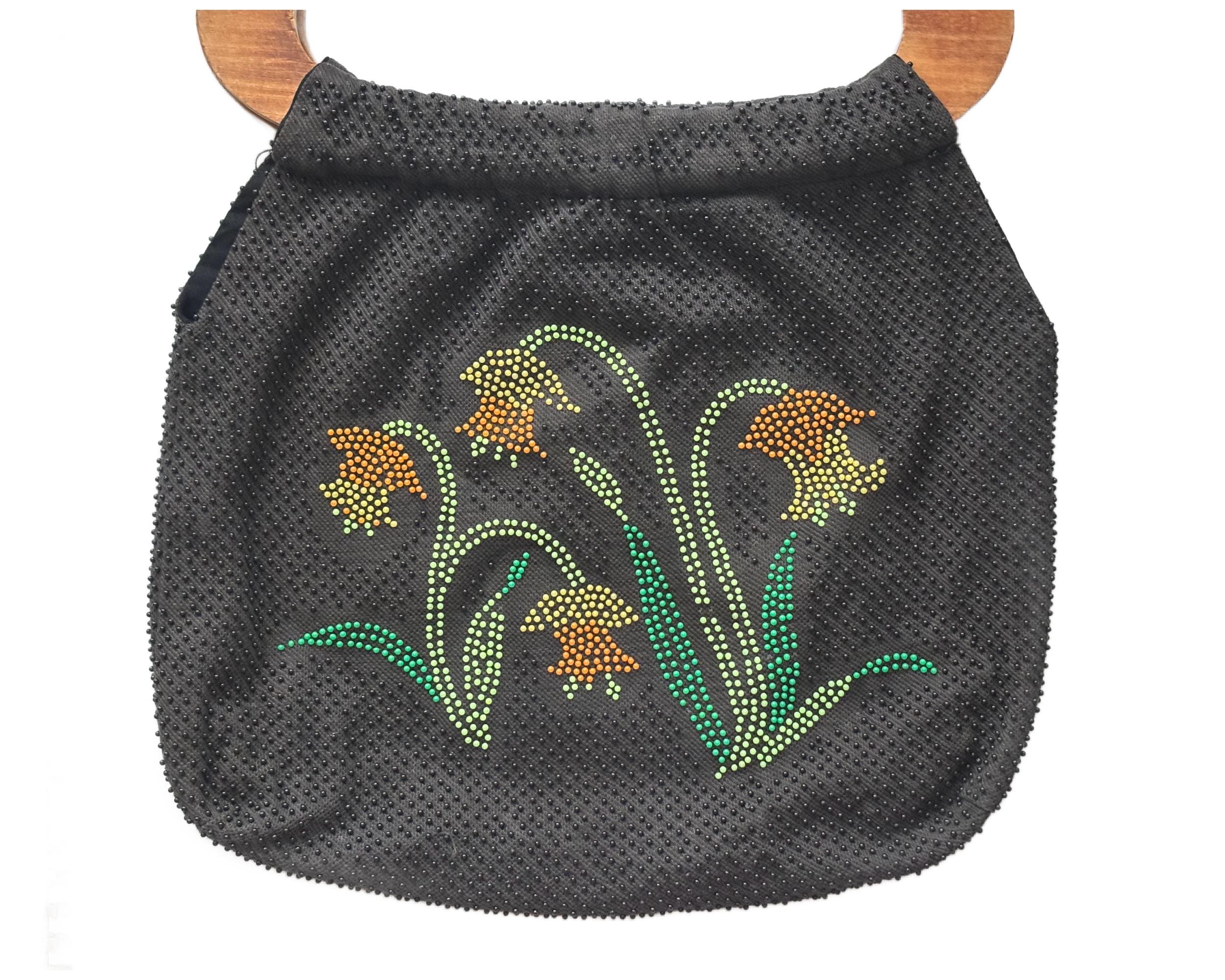 Vintage Retro 1970s Large Beaded Handbag with Daffodil Floral Design and Wooden Handle Knitting Bag