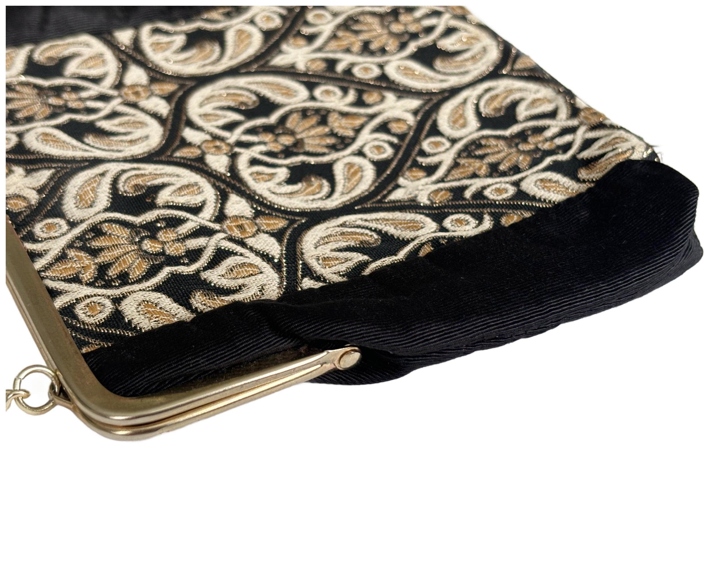 Vintage Black and Gold Brocade and Grosgrain Evening Bag with Gold Chain Handle