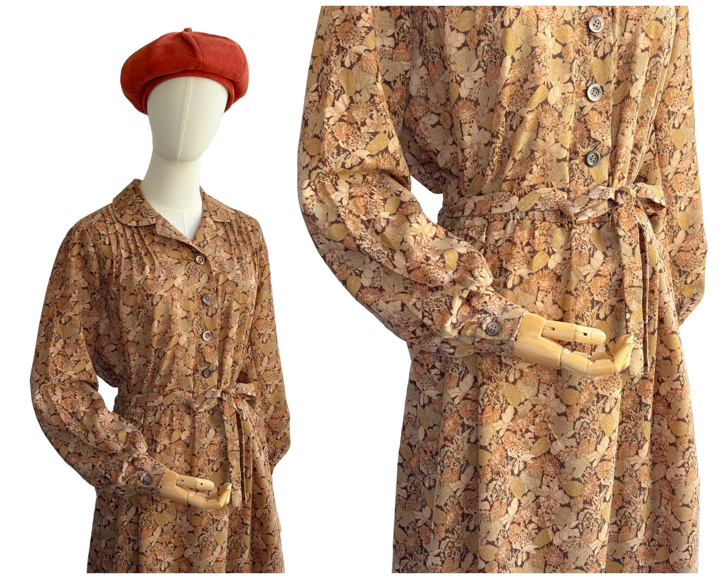 Vintage 70s Brown Autumn Leaf and Floral Print Shirtwaist dress with Tie Belt | Uk Size 14