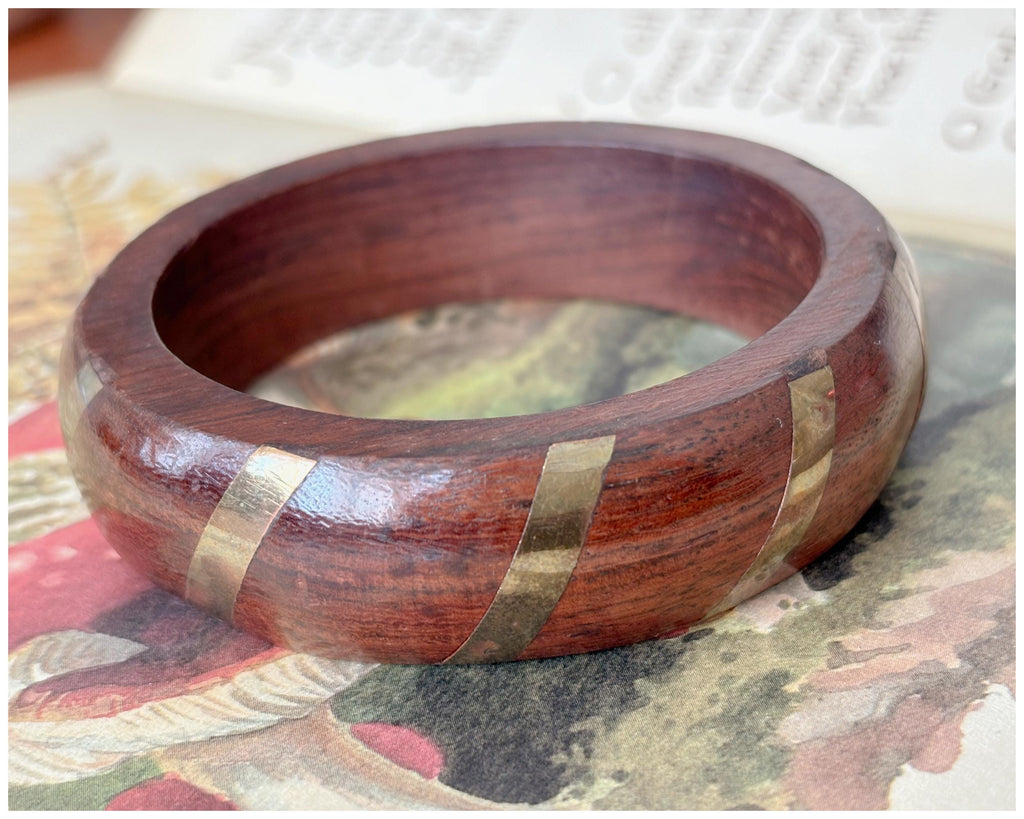 Vintage Chunky Dark Wood Bangle with Brass Stripe Inlay