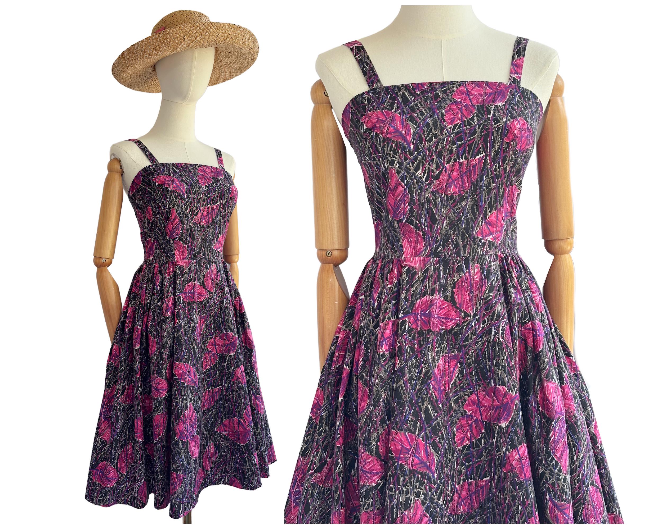 Vintage 1950s Cotton Abstract Painterly Leaf Print Strappy Dress with Full Skirt Pink Black Purple |