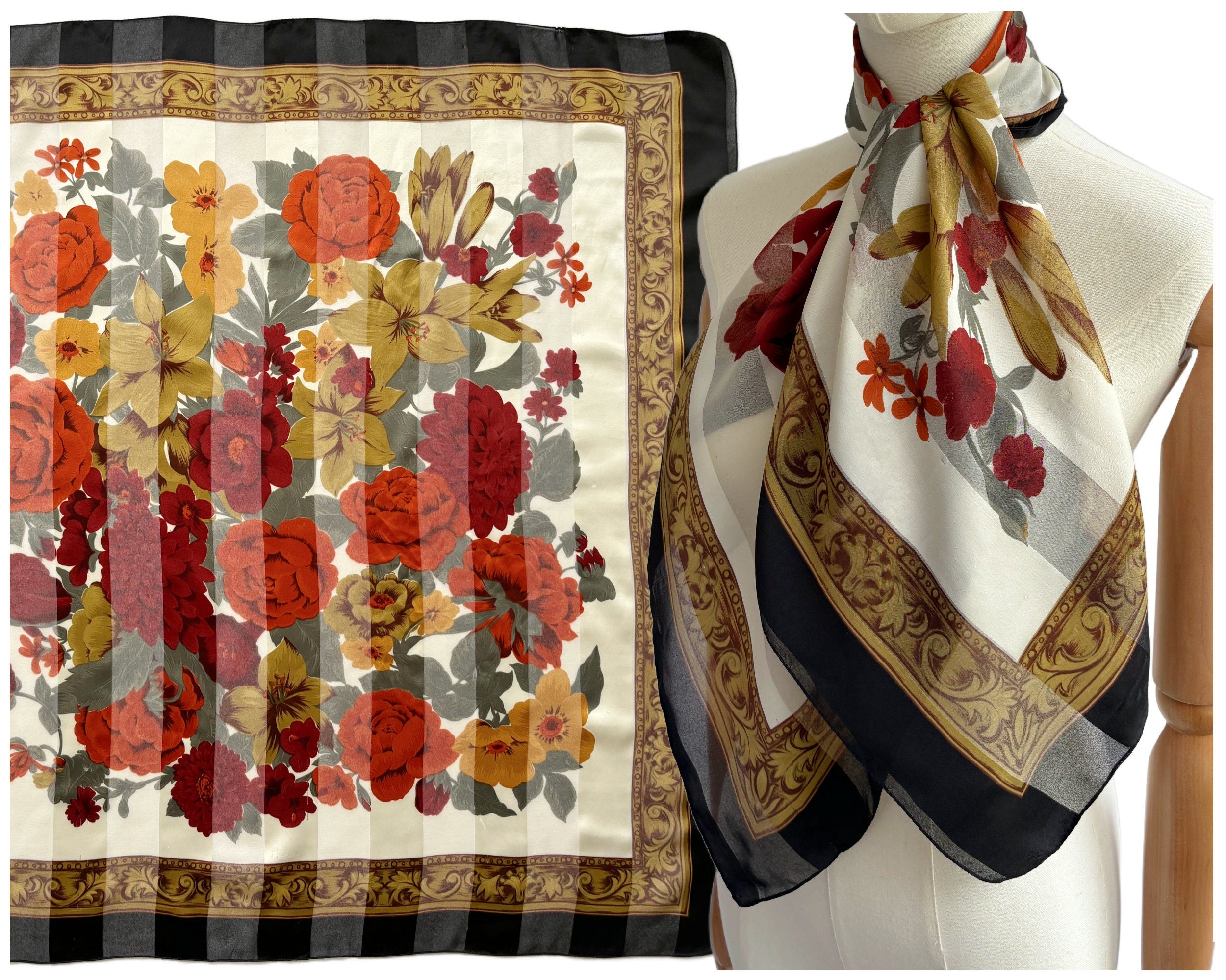 Vintage Square Scarf with Black Border and Orange Yellow and Red Floral Design