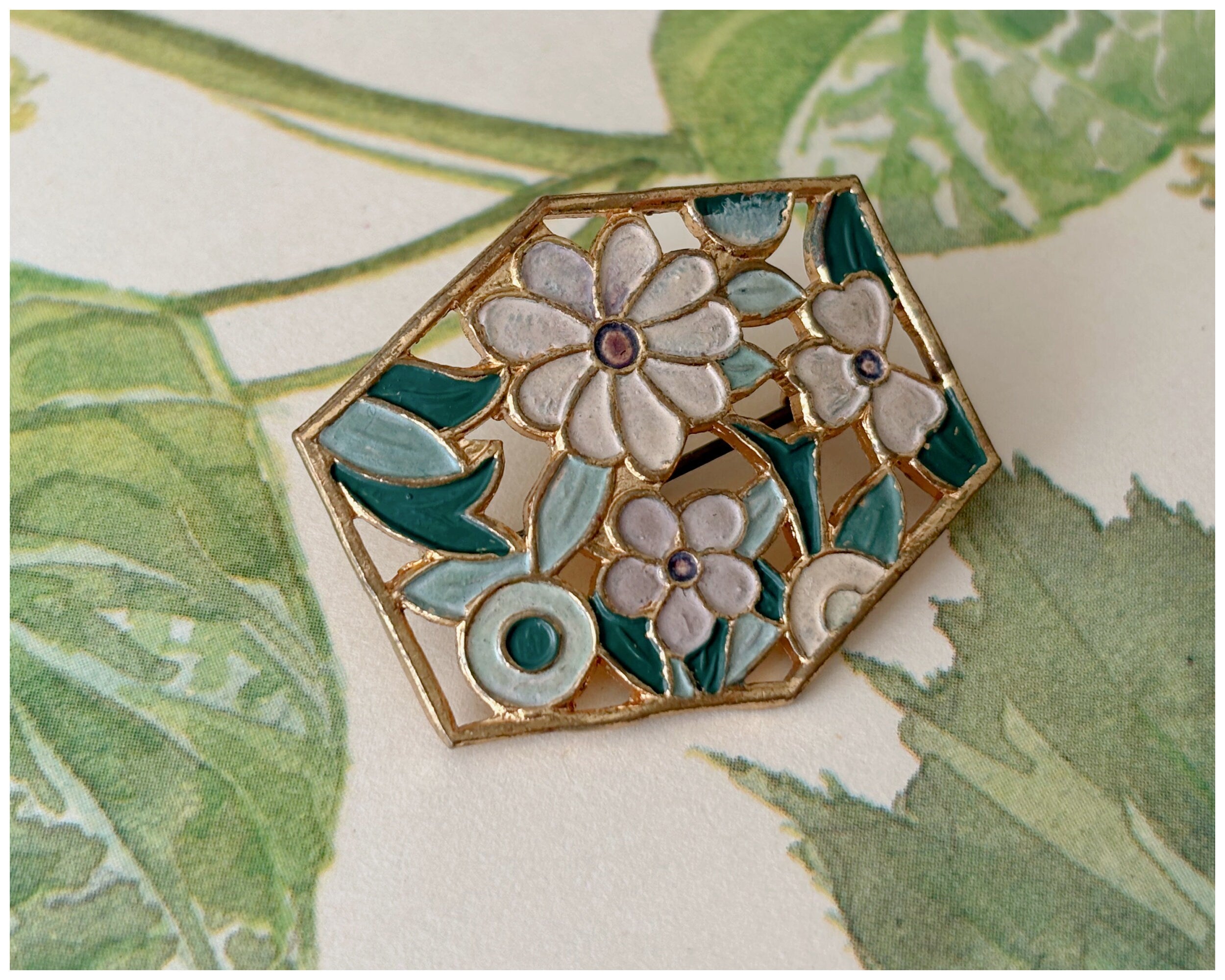 Vintage Enamel Green and Green Floral Brooch Gold Toned