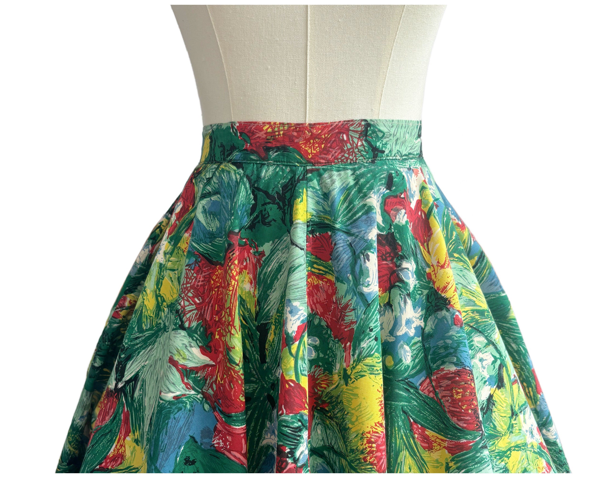 Vintage 1950s Cotton Painterly Floral Full Circle Skirt Green Red Yellow Blue | UK Size 12