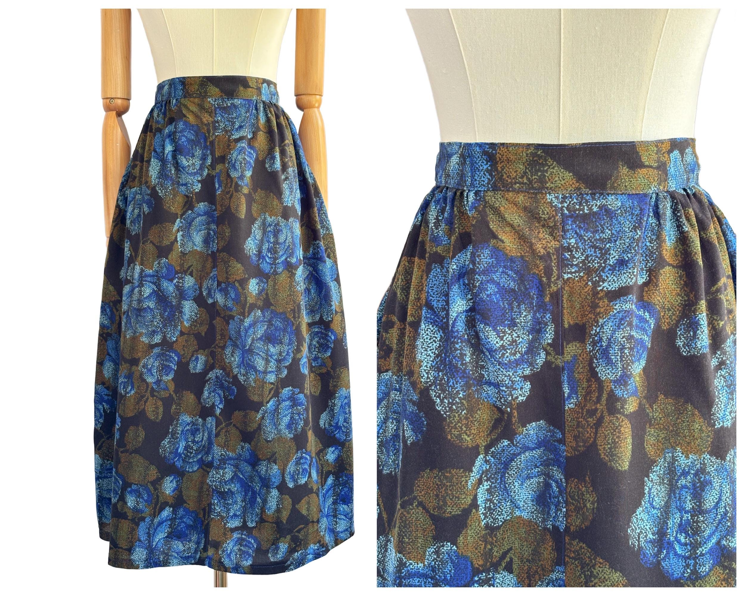 Vintage Nightingales Midi Skirt with Blue Rose Print | UK Size 14